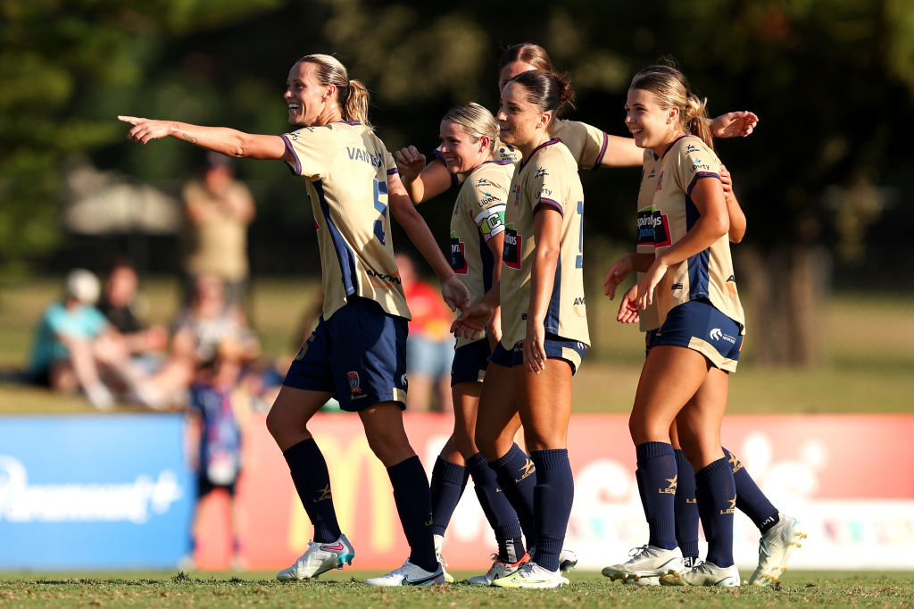 Emily van Egmond of the Jets celebrates scoring a goal with team mates during the A-League Women round eight match between Newcastle Jets and Western United at No. 2 Sports Ground, on December 17, 2023, in Newcastle, Australia. (Photo by Brendon Thorne/Getty Images)