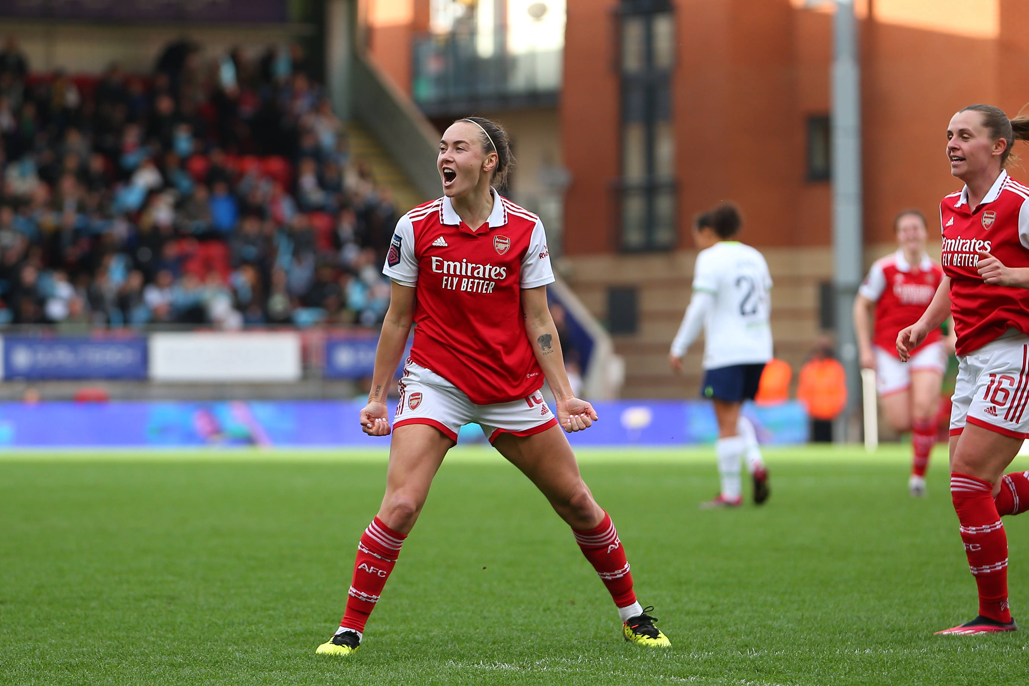 Caitlin Foord of Arsenal celebrates her goal in the 29th minute for 0-2. 