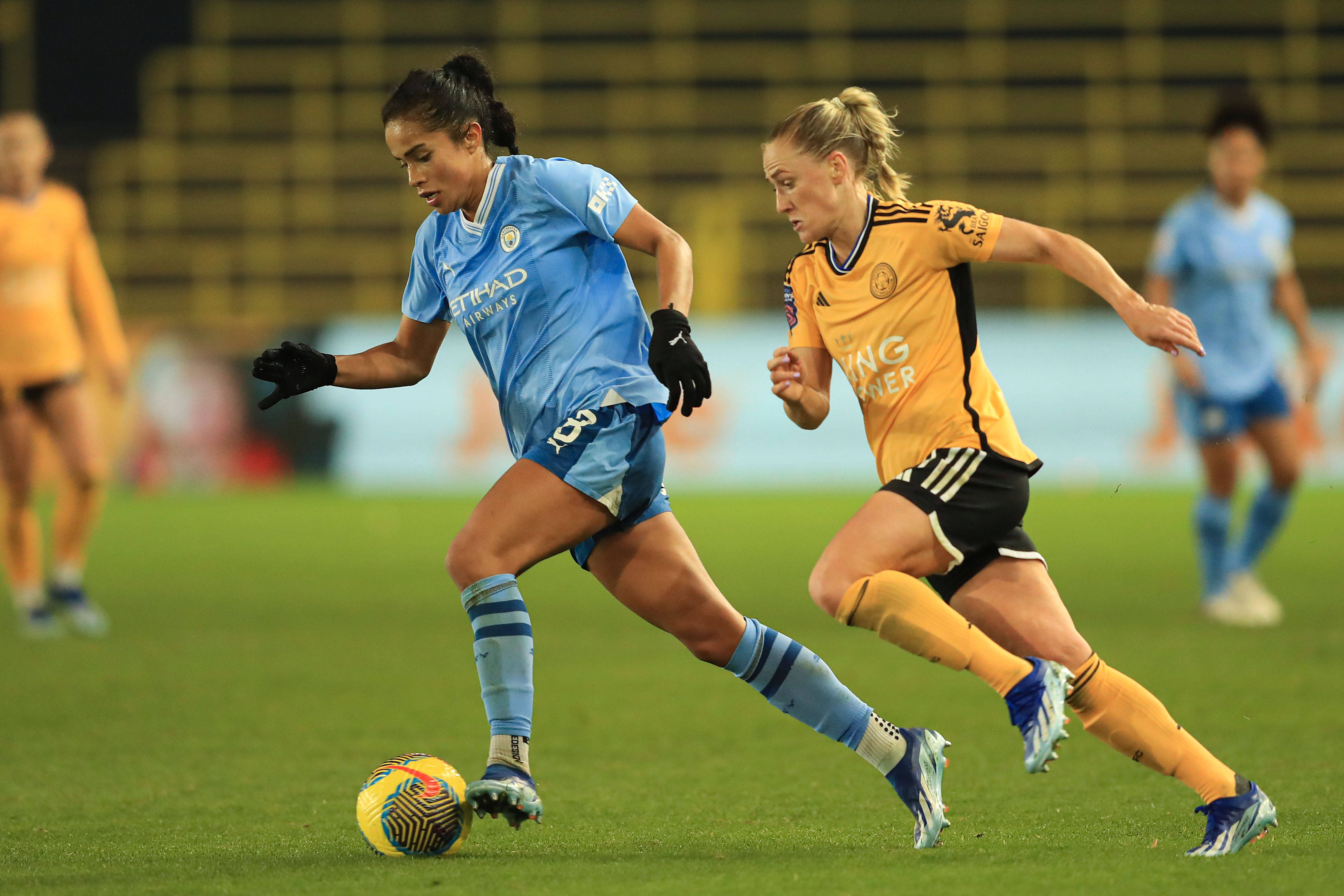 FA Women s Continental Tyres League Cup Mary Fowler of Manchester City is charging past Sophie Howard of Leicester City during the FA Women s Continental League Cup Group B match between Manchester City and Leicester City at the Academy Stadium in Manchester, England