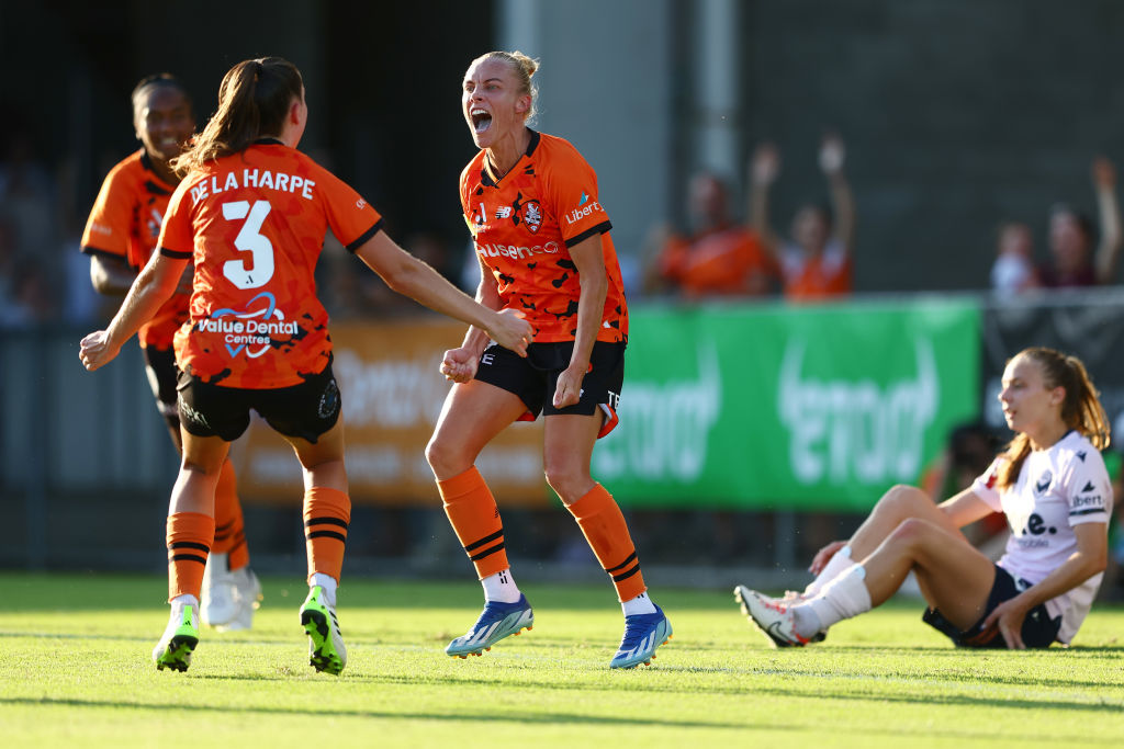 BRISBANE, AUSTRALIA - FEBRUARY 03: Tameka Yallop of the Roar celebrates a goal during the A-League Women round 15 match between Brisbane Roar and Melbourne Victory at Perry Park, on February 03, 2024, in Brisbane, Australia. (Photo by Chris Hyde/Getty Images)
