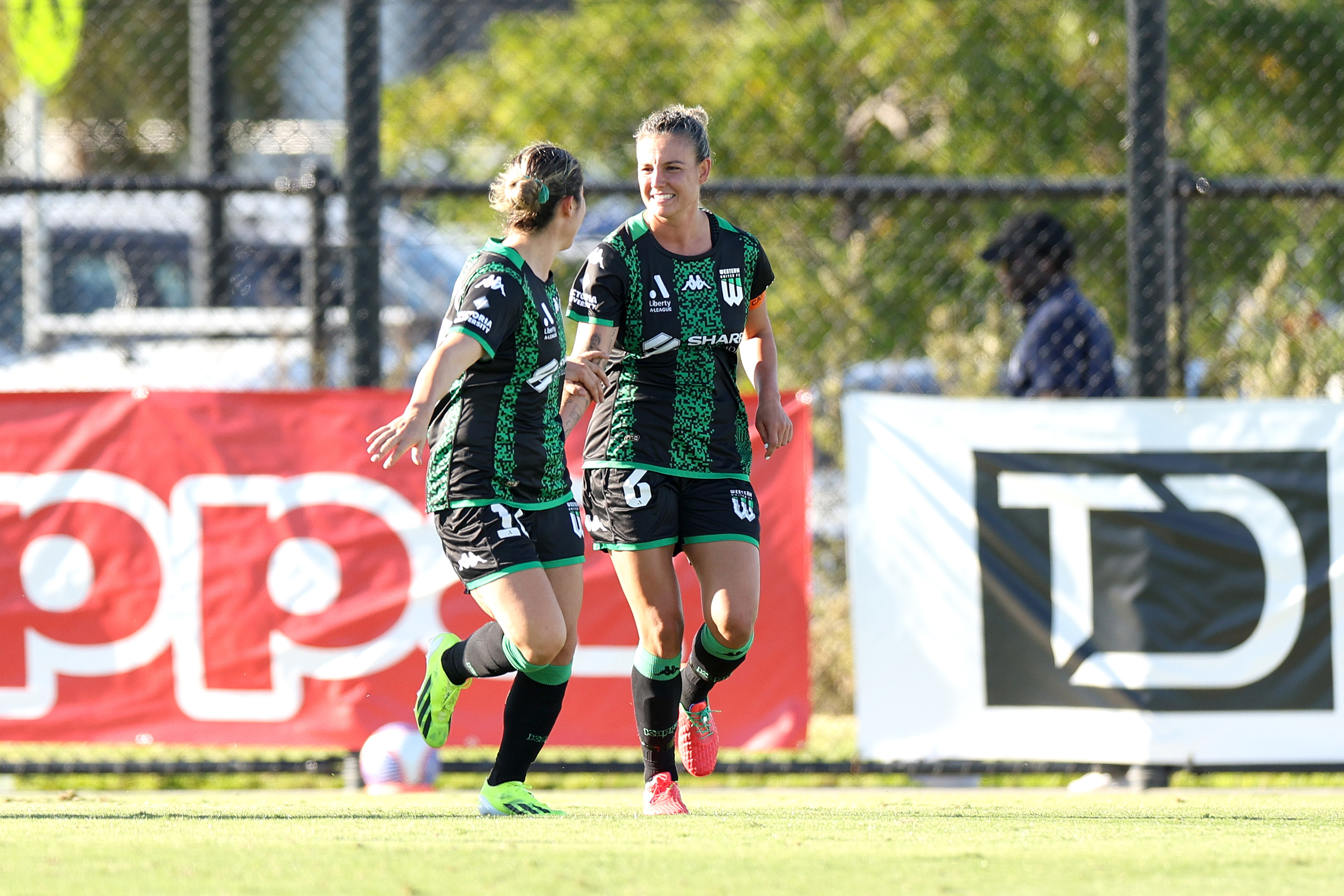  Chloe Logarzo of Western United and Melissa Taranto of Western United celebrates a goal during the A-League Women round 17 match between Western United and Wellington Phoenix at City Vista Recreation Park, on February 18, 2024, in Melbourne, Australia. (Photo by Jonathan DiMaggio/Getty Images)