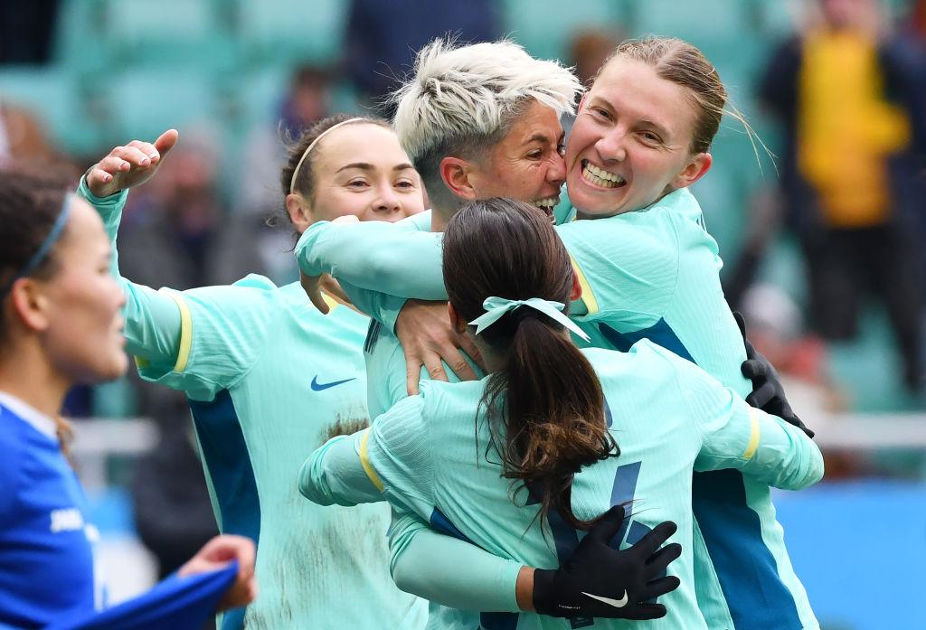 Michelle Heyman of Australia celebrates scoring her team's second goal with teammates during the AFC Women's Paris 2024 Olympic Qualifier Round 3 match between Uzbekistan and Australia Matildas at Milliy Stadium on February 24, 2024 in Tashkent, Uzbekistan. (Photo by Tolib Kosimov/Getty Images)