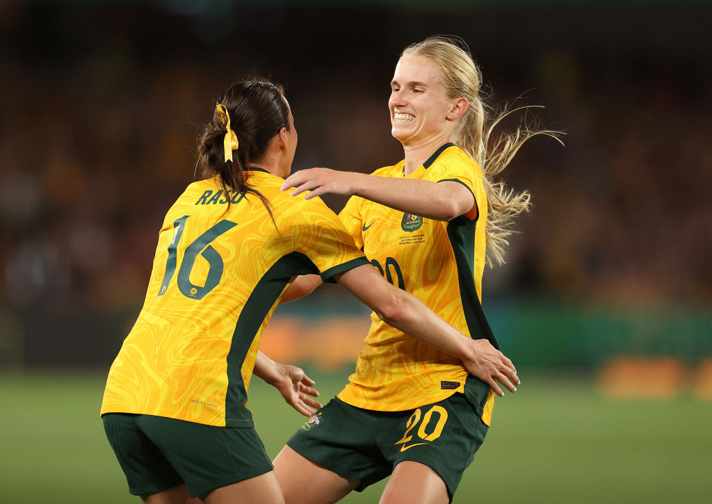Hayley Raso of Australia celebrates scoring a goal with Kaitlyn Torpey of Australia during the AFC Women's Olympic Football Tournament Paris 2024 Asian Qualifier Round 3 match between Australia Matildas and Uzbekistan at Marvel Stadium on February 28, 2024 in Melbourne, Australia. (Photo by Kelly Defina/Getty Images)
