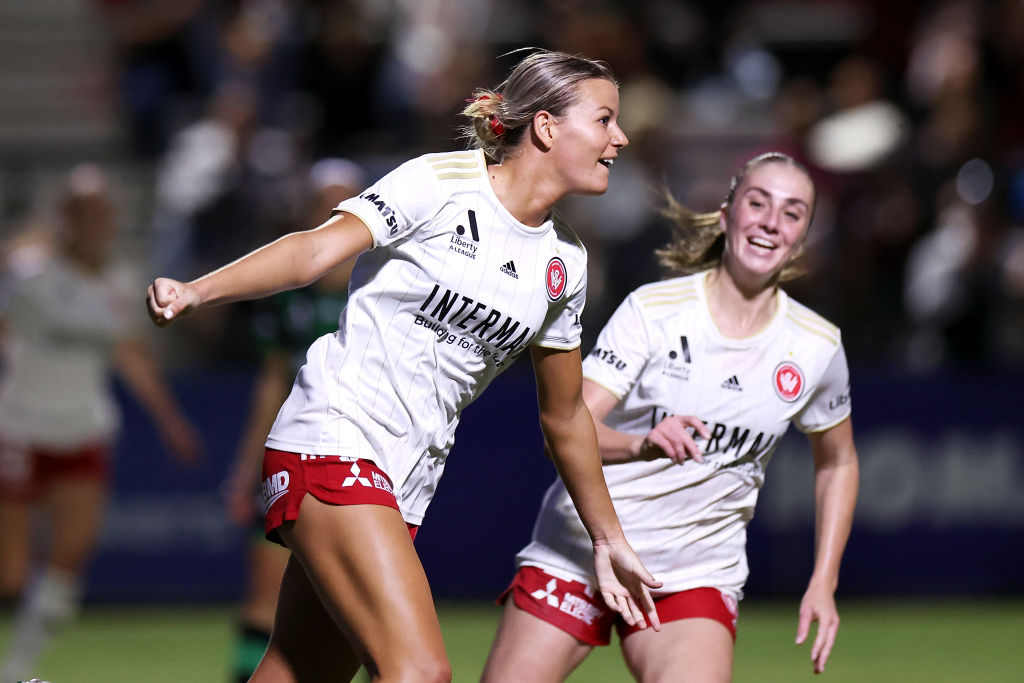 SYDNEY, AUSTRALIA - MARCH 23: Sophie Harding of the Wanderers celebrates scoring a goal during the A-League Women round 21 match between Western Sydney Wanderers and Western United at Wanderers Football Park, on March 23, 2024, in Sydney, Australia. (Photo by Mark Kolbe/Getty Images)