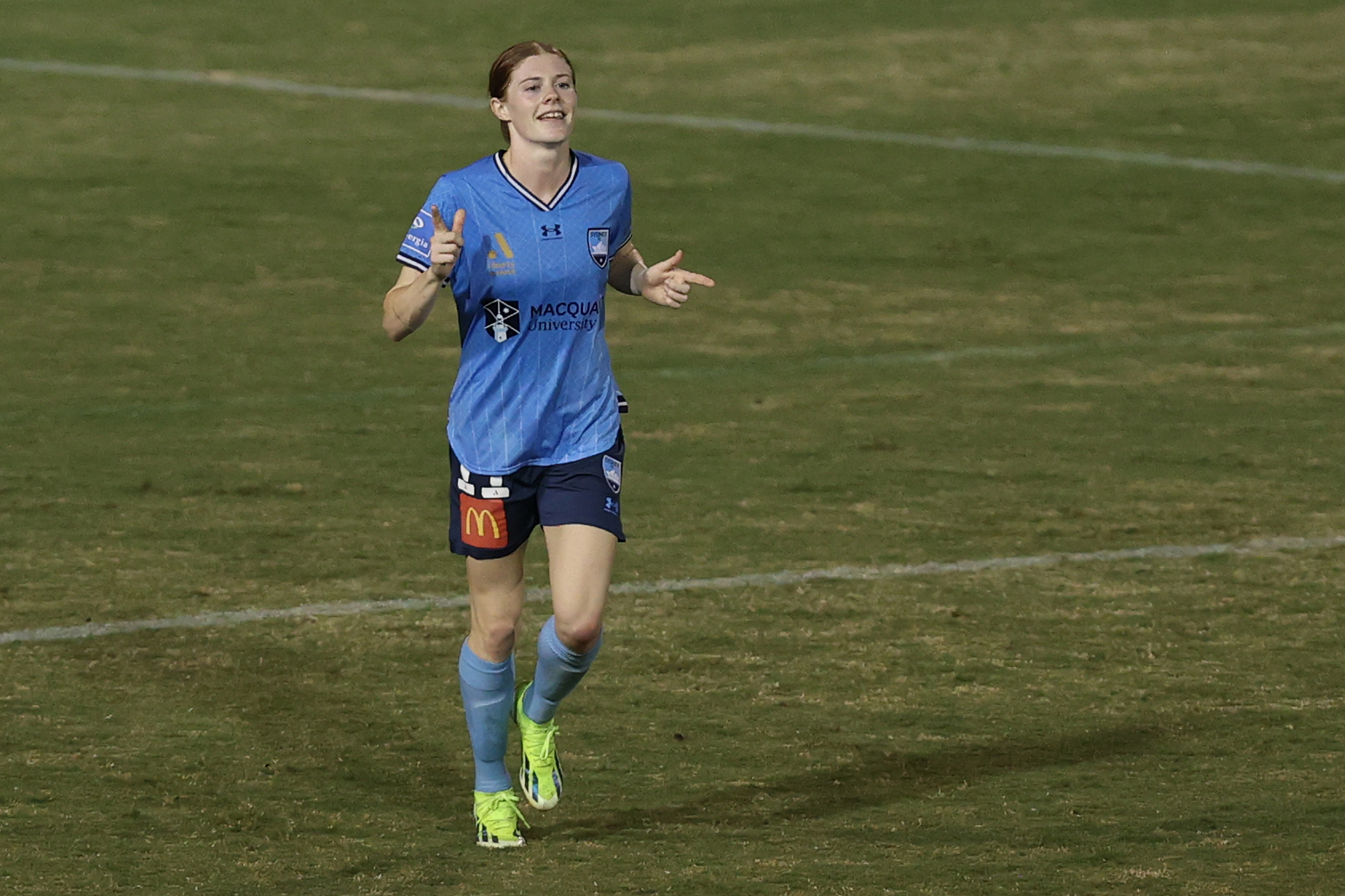 Cortnee Vine of Sydney FC celebrates scoring a goal during the A-League Women round 19 match between Sydney FC and Western United at Leichhardt Oval on March 09, 2024 in Sydney, Australia. (Photo by Jason McCawley/Getty Images)