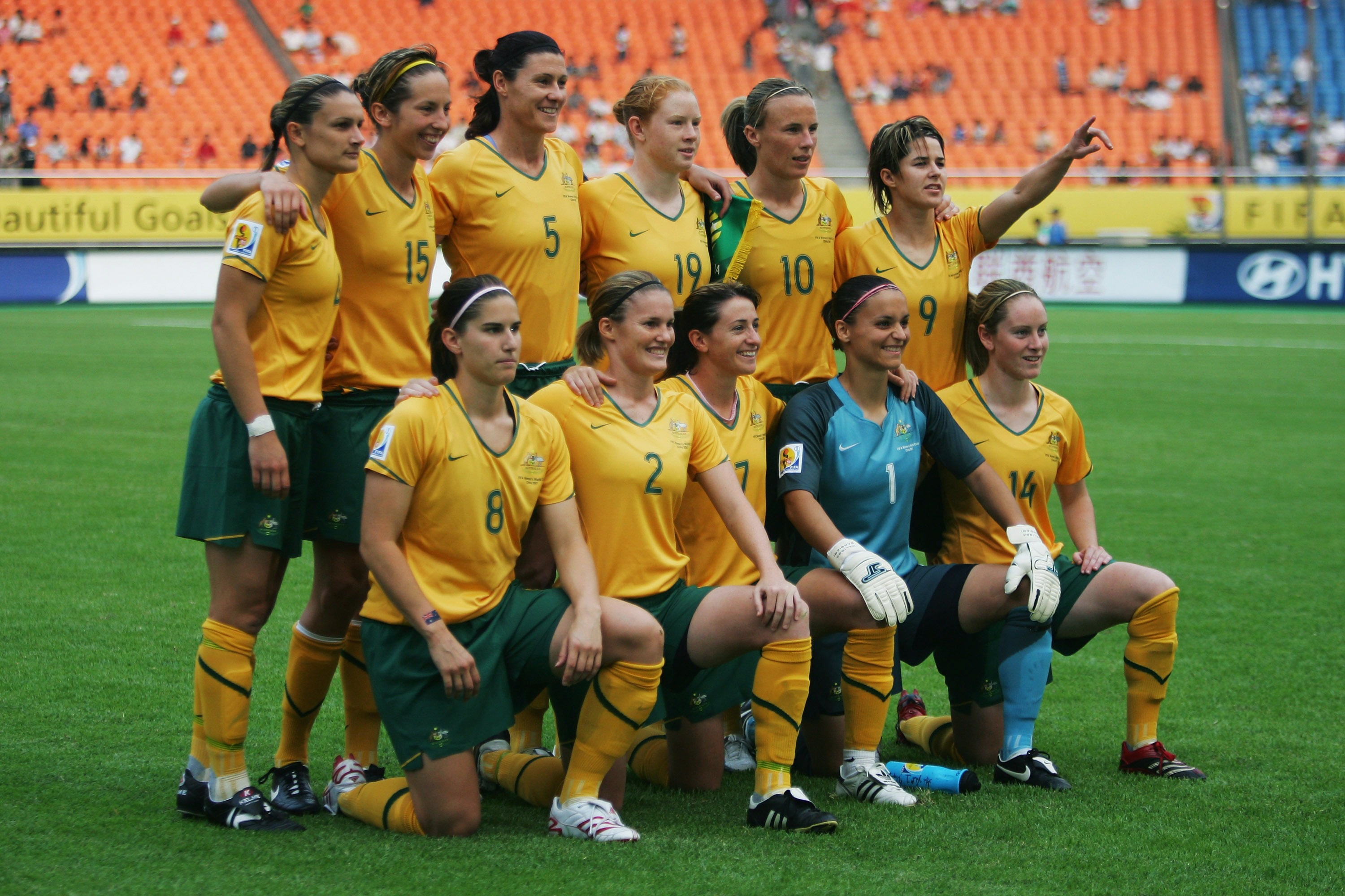 The Australia team pose before the FIFA Women's World Cup 2007 Group C match between Australia and Ghana at Hangzhou Dragon Stadium on September 12, 2007 in Hangzhou, Zhejiang province of China. (L-R) from the upper row Dianne Alagich, Sally Shipard, Cheryl Salisbury, Clare Polkinghorne, Joanne Peters and Sarah Walsh. The front row (L-R) Caitlin Munoz, Kate McShea, Heather Garriock, Melissa Barbieri and Collette McCallum. (Photo by Feng Li/Getty Images)