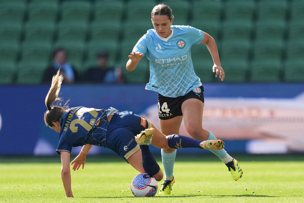 MELBOURNE, AUSTRALIA - APRIL 28: Daniela Galic of Melbourne City and Lorena Baumann of the Jets contest the ball during the A-League Women Semi Final match between Melbourne City and Newcastle Jets at AAMI Park, on April 28, 2024, in Melbourne, Australia. (Photo by Daniel Pockett/Getty Images)