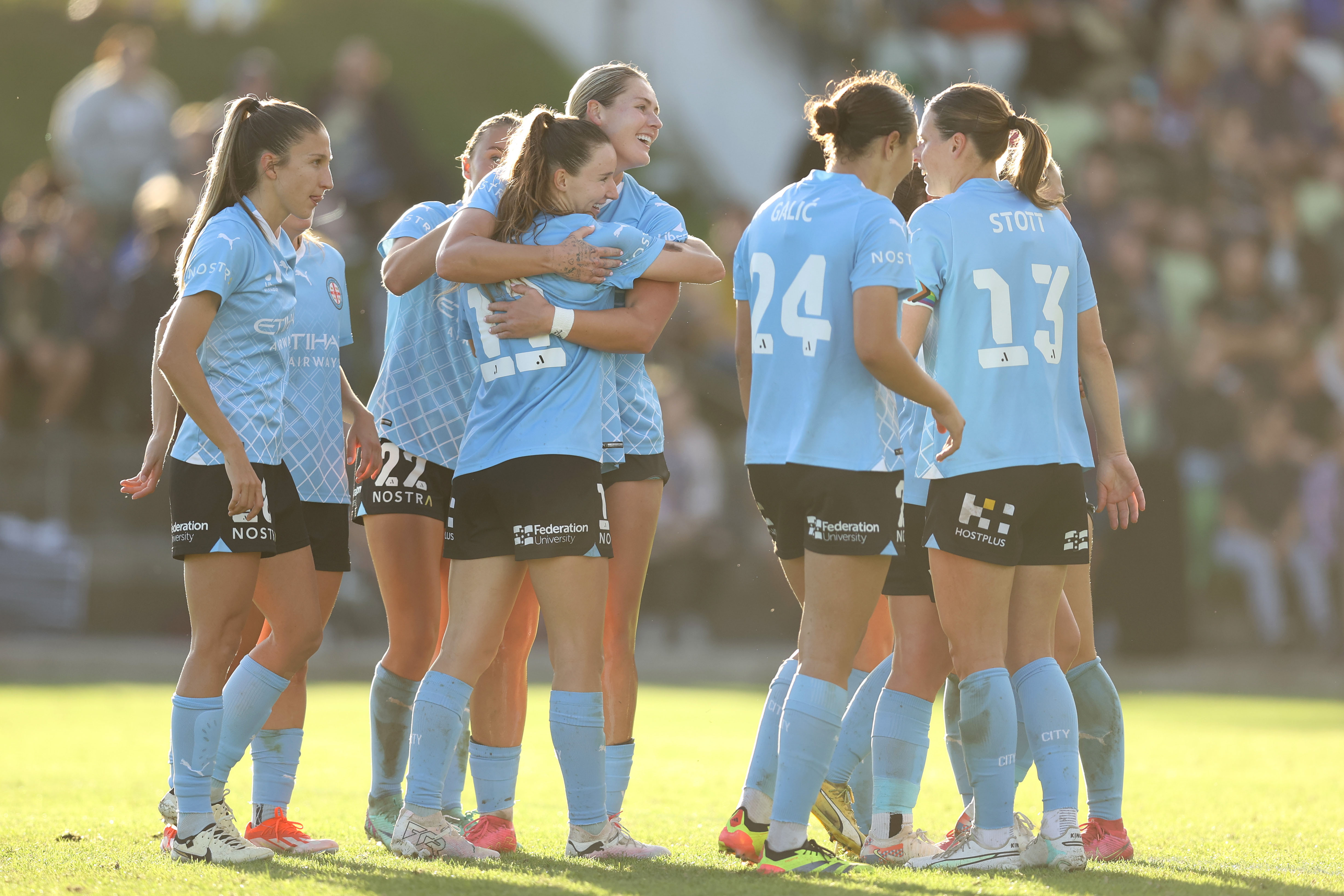 Emina Ekic of Melbourne City celebrates with teammates after scoring a goal during the A-League Women Semi Final match between Newcastle Jets and Melbourne City at Maitland Regional Sports Ground on April 21, 2024 in Newcastle, Australia. (Photo by Jason McCawley/Getty Images)