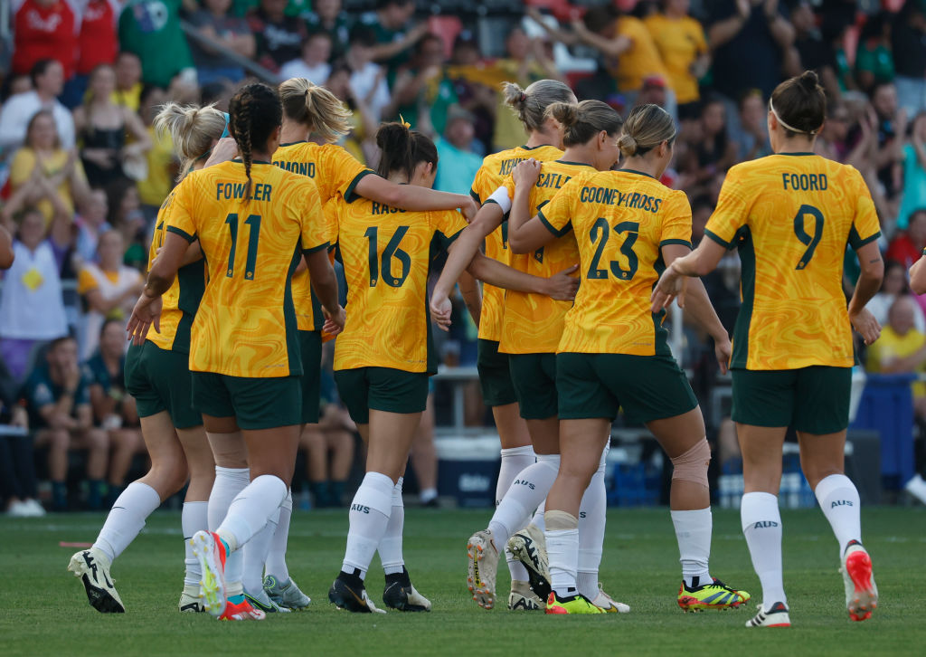 Hayley Raso #16 of Australia celebrates her first goal against Mexico in the first half at Toyota field on April 7, 2024 in San Antonio, Texas. (Photo by Ronald Cortes/Getty Images)