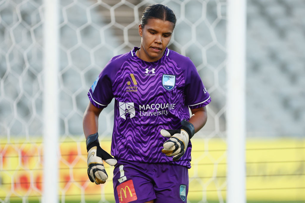 Goalkeeper of Sydney FC Jada Whyman reacts during the A-League Women Semi Final match between Central Coast Mariners and Sydney FC at Industree Group Stadium, on April 21, 2024, in Gosford, Australia. (Photo by Jeremy Ng/Getty Images)