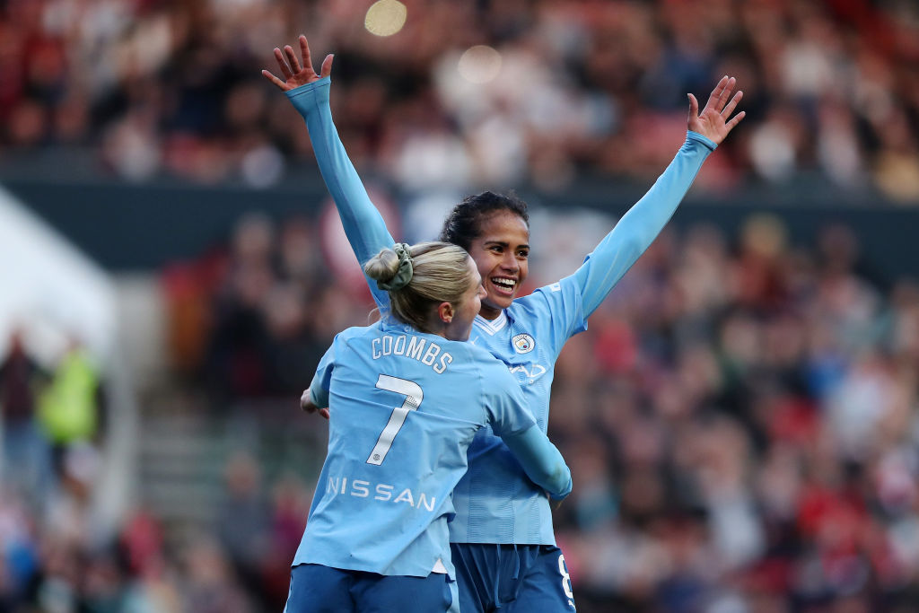  Mary Fowler of Manchester City celebrates with Laura Coombs of Manchester City after scoring her team's first goal during the Barclays Women's Super League match between Bristol City and Manchester City at Ashton Gate Stadium on April 28, 2024 in Bristol, England. (Photo by Ryan Hiscott/Getty Images)