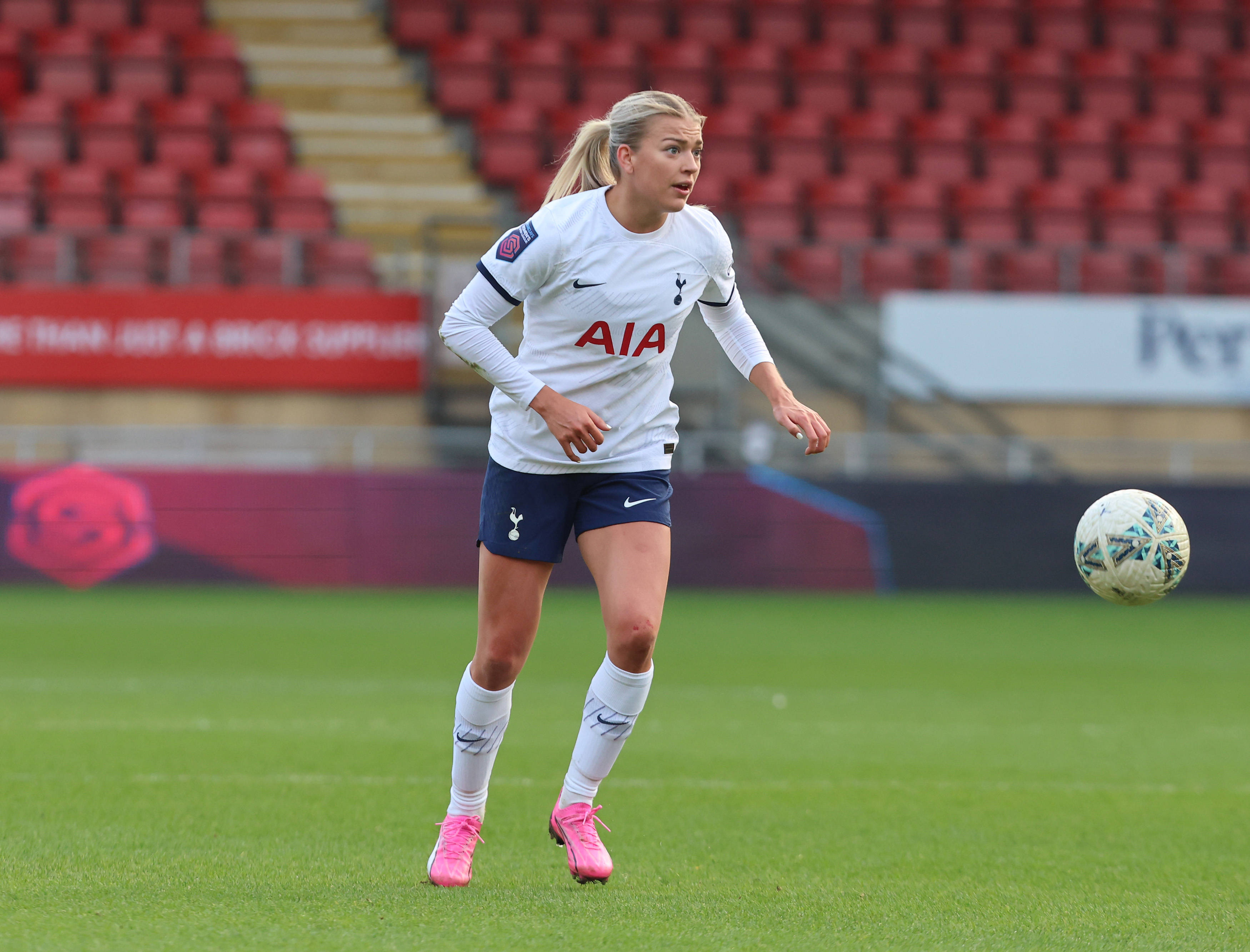 Charlotte Grant of Tottenham Hotspur Women is playing during The Women s FA Cup soccer match between Tottenham Hotspur Women and Sheffield United Women at Brisbane Road in London, Britain, on January 14, 2024.