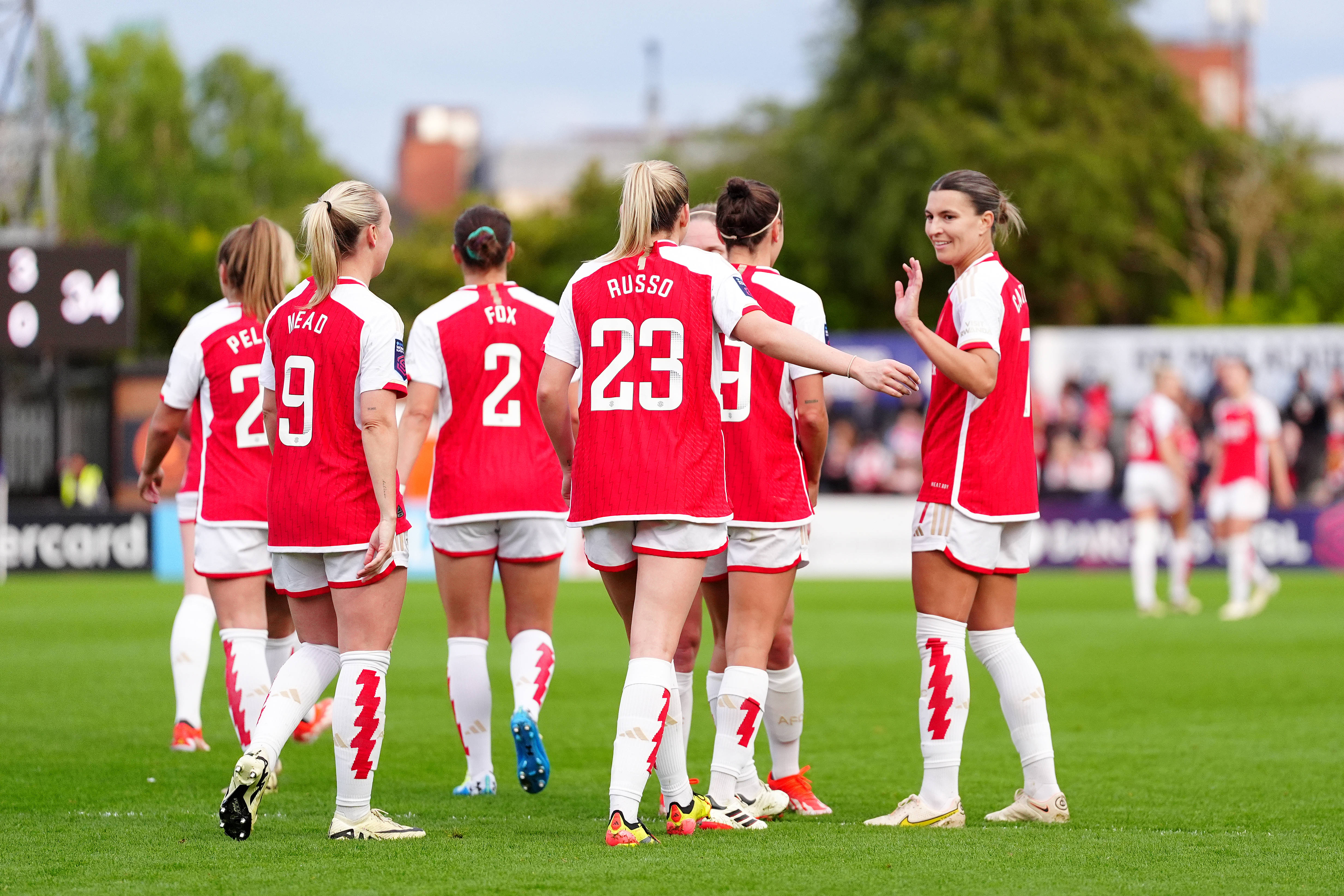 Beth Mead (second left) celebrates with team-mates after scoring their side s second goal of the game during the Barclays Women s Super League match at the Mangata Pay UK Stadium, Borehamwood. Picture date: Sunday April 14, 2024.