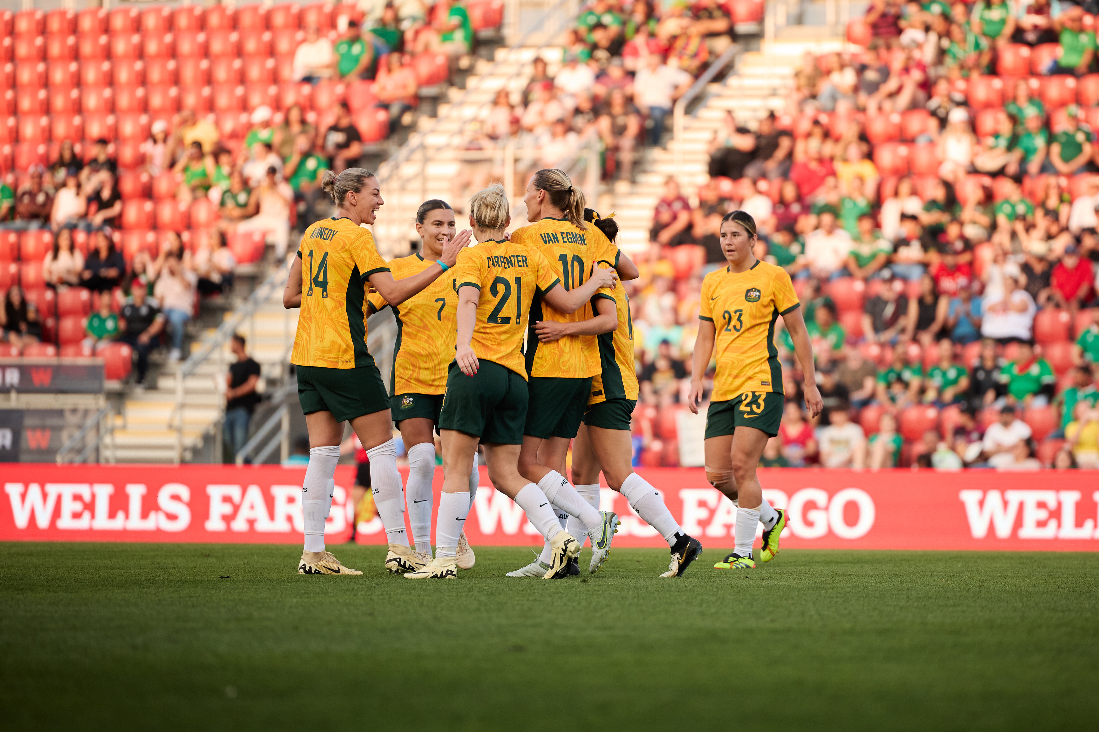 The CommBank Matildas celebrate Hayley Raso's goal against Mexico. (Photo: Rachel Bach/By The White Line)