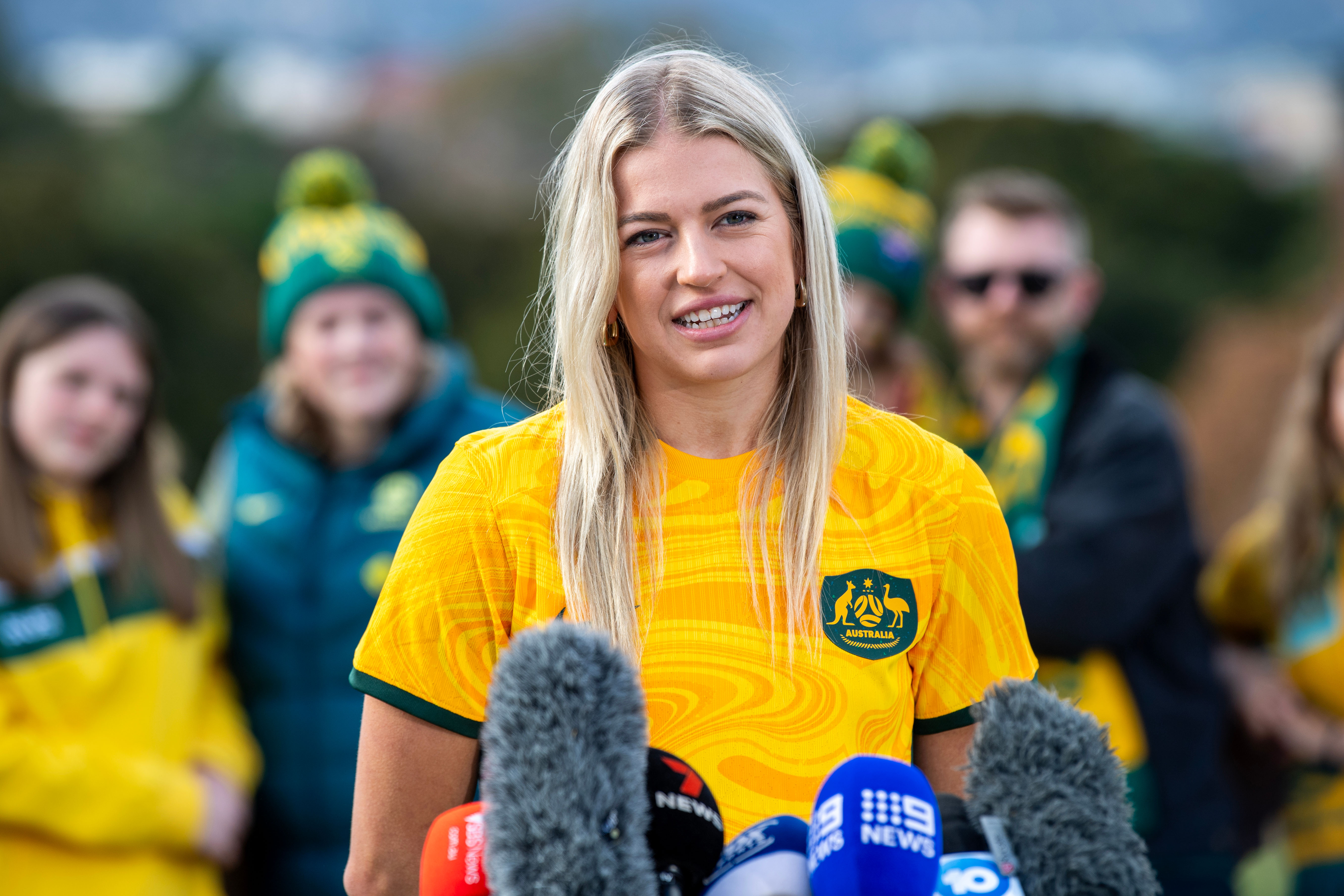Charli Grant of the Matildas speaks to the media during an Australia Matildas squad announcement for the 'Til it's Done Farewell Series against China PR on May 21, 2024 in Adelaide, Australia. (Photo by Mark Brake/Getty Images)