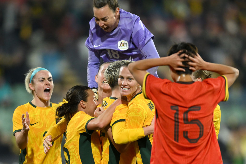 Michelle Heyman of Australia celebrates with team mates after scoring a goal during the international friendly match between Australia Matildas and China PR at Adelaide Oval on May 31, 2024 in Adelaide, Australia. (Photo by Mark Brake/Getty Images)