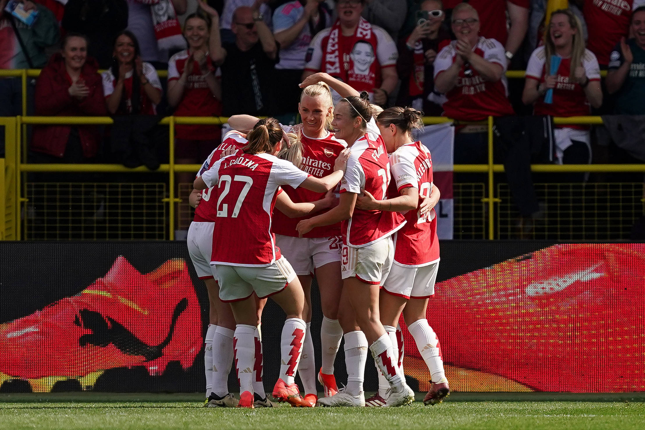 Stina Blackstenius celebrates with team-mates after scoring their side s second goal of the game during the Barclays Women s Super League match at the Joie Stadium, Manchester.