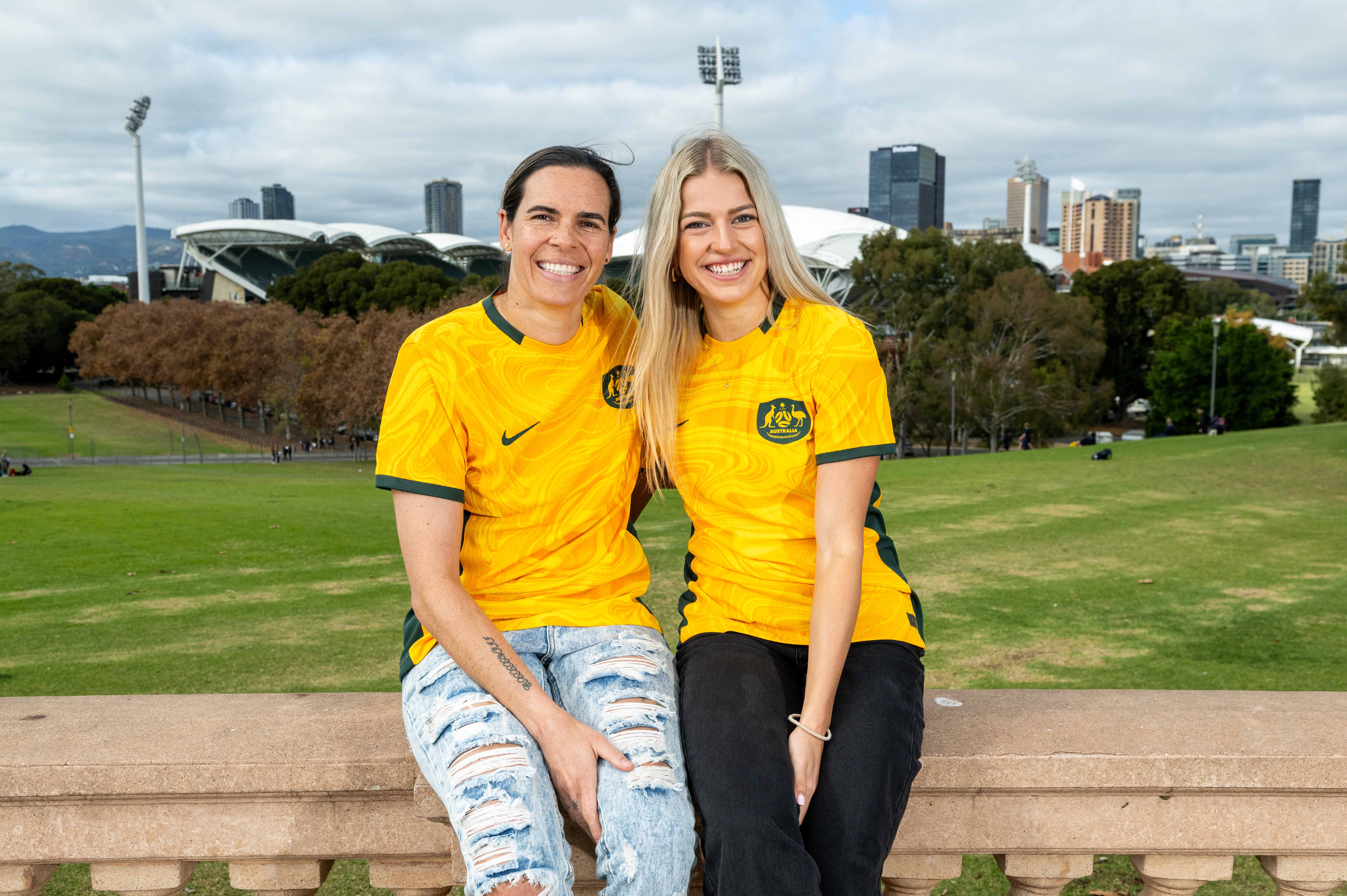  Veteran Matilda Lydia Williams and local Charli Grant who will be playing her first game at Adelaide Oval pose at Lights Vision over looking Adelaide Oval during an Australia Matildas squad announcement for the 'Til it's Done Farewell Series against China PR on May 21, 2024 in Adelaide, Australia. (Photo by Mark Brake/Getty Images)