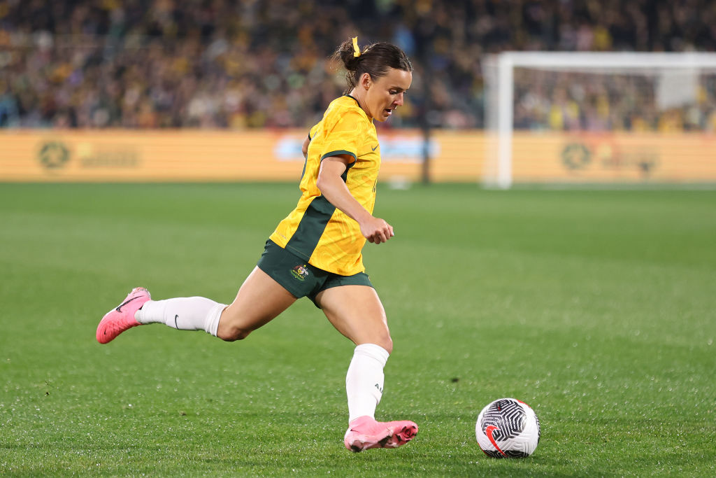 ADELAIDE, AUSTRALIA - MAY 31: Hayley Raso of Australia kicks the ball during the international friendly match between Australia Matildas and China PR at Adelaide Oval on May 31, 2024 in Adelaide, Australia. (Photo by Cameron Spencer/Getty Images)