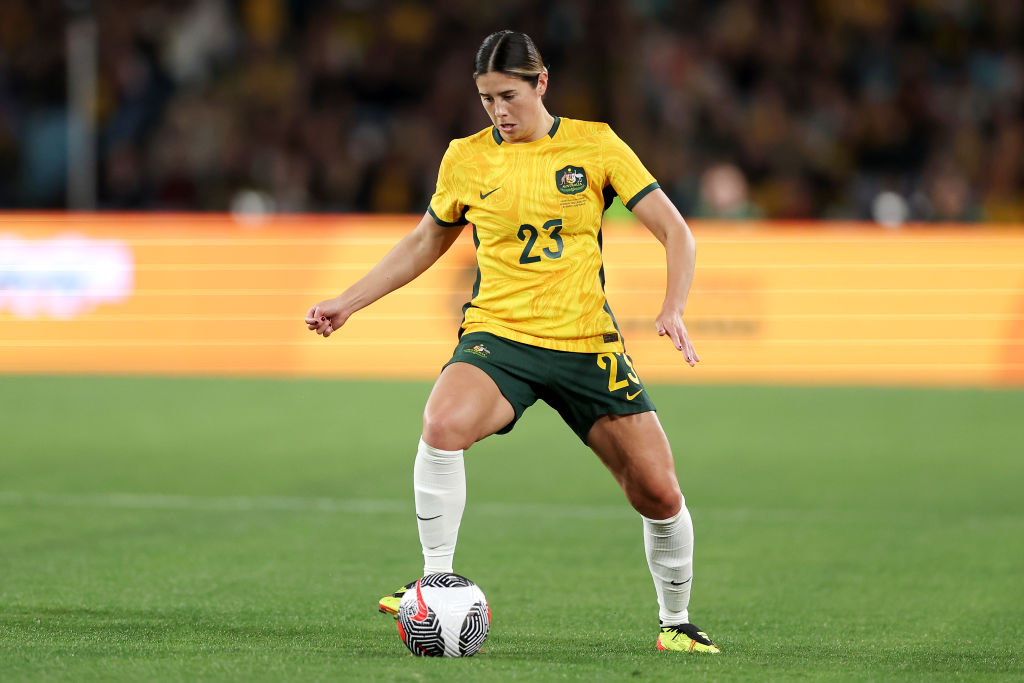 SYDNEY, AUSTRALIA - JUNE 03: Kyra Cooney-Cross of Australia controls the ball during the international friendly match between Australia Matildas and China PR at Accor Stadium on June 03, 2024 in Sydney, Australia. (Photo by Matt King/Getty Images)