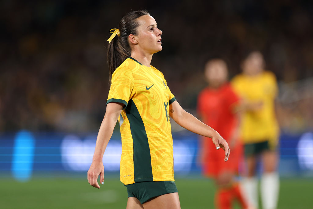 SYDNEY, AUSTRALIA - JUNE 03: Hayley Raso of Australia reacts during the international friendly match between Australia Matildas and China PR at Accor Stadium on June 03, 2024 in Sydney, Australia. (Photo by Cameron Spencer/Getty Images)