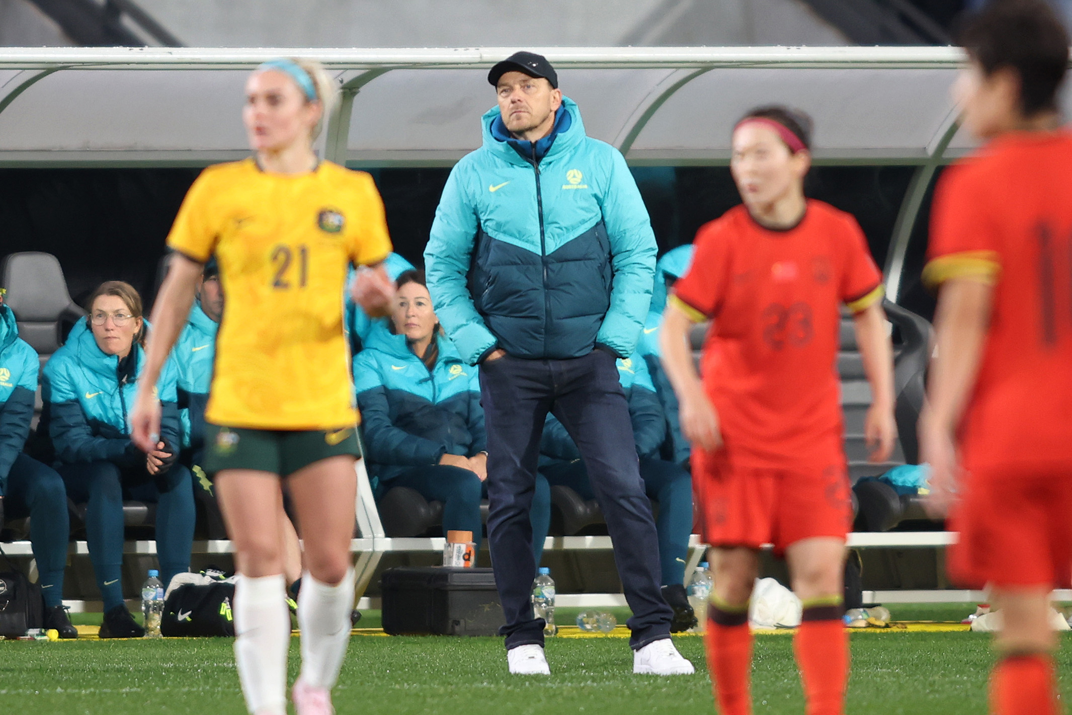 Tony Gustavsson, head coach of the Matildas looks on during the international friendly match between Australia Matildas and China PR at Adelaide Oval on May 31, 2024 in Adelaide, Australia. (Photo by Maya Thompson/Getty Images)