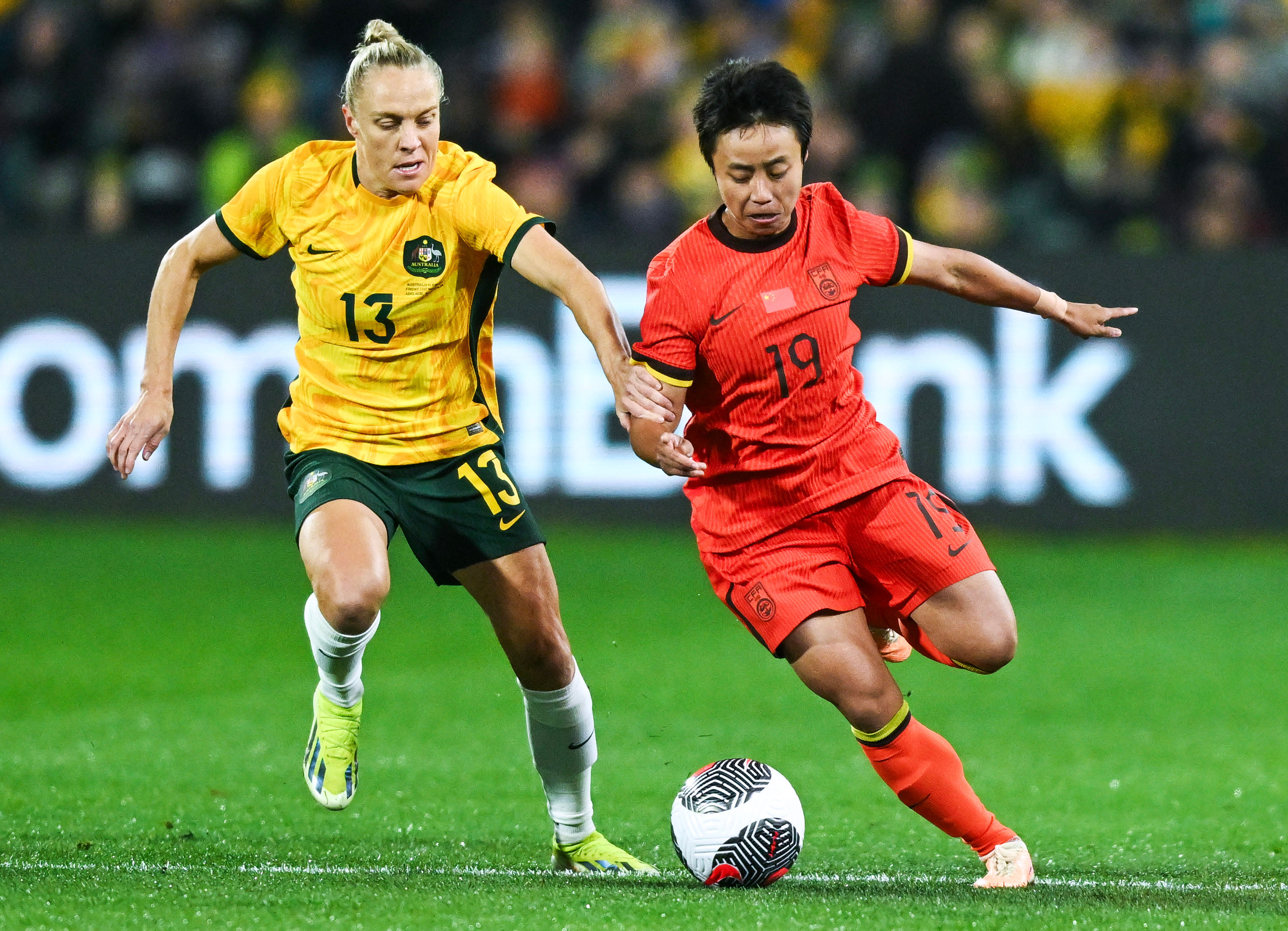 Tameka Yallop of Australia competes with Zhang Linyan of China PR during the international friendly match between Australia Matildas and China PR at Adelaide Oval on May 31, 2024 in Adelaide, Australia. (Photo by Mark Brake/Getty Images)