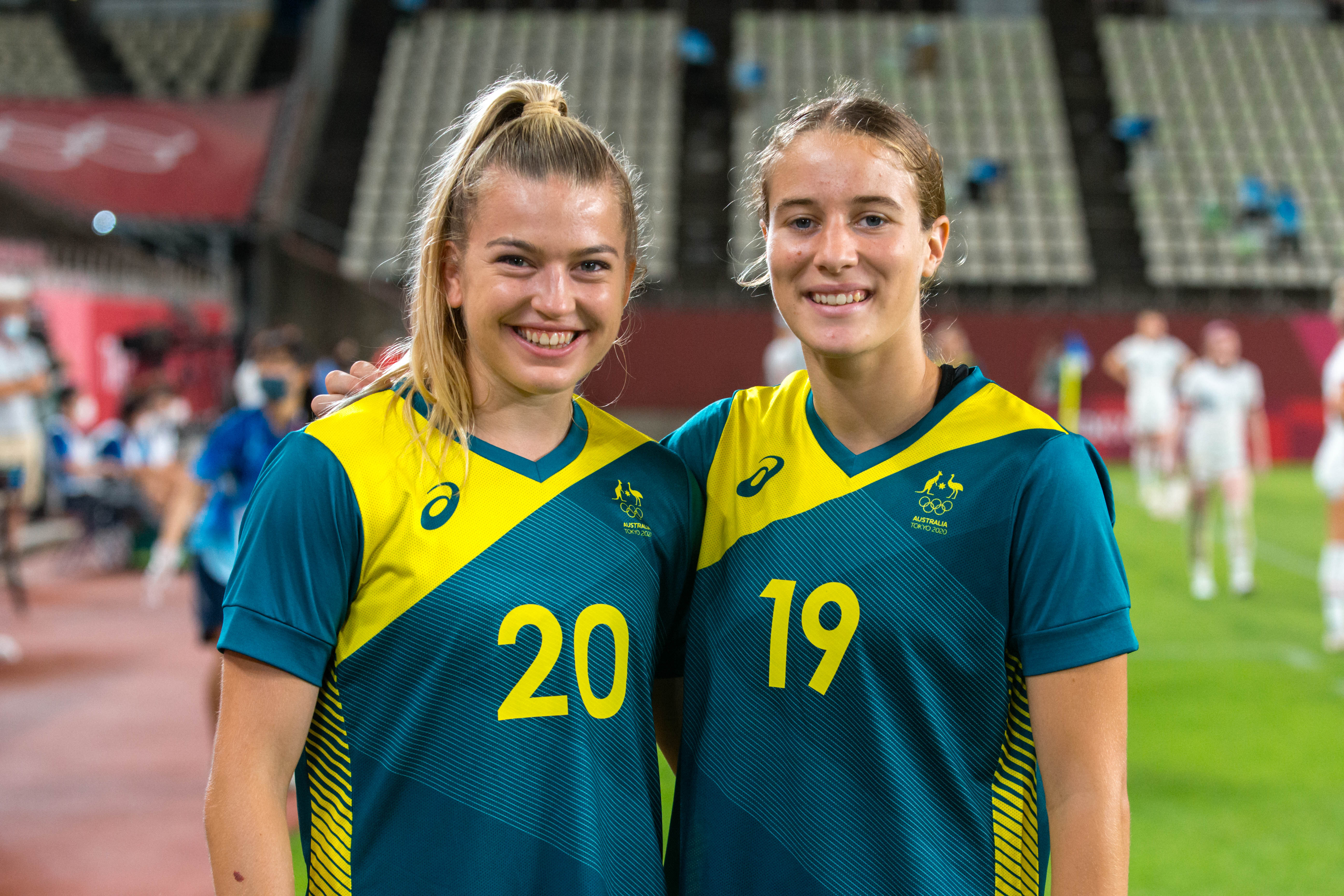 Charli Grant and Courtney Nevin following Australia's group stage game against the USA at the Tokyo Olympic Games. (Photo: Ann Odong/Football Australia)