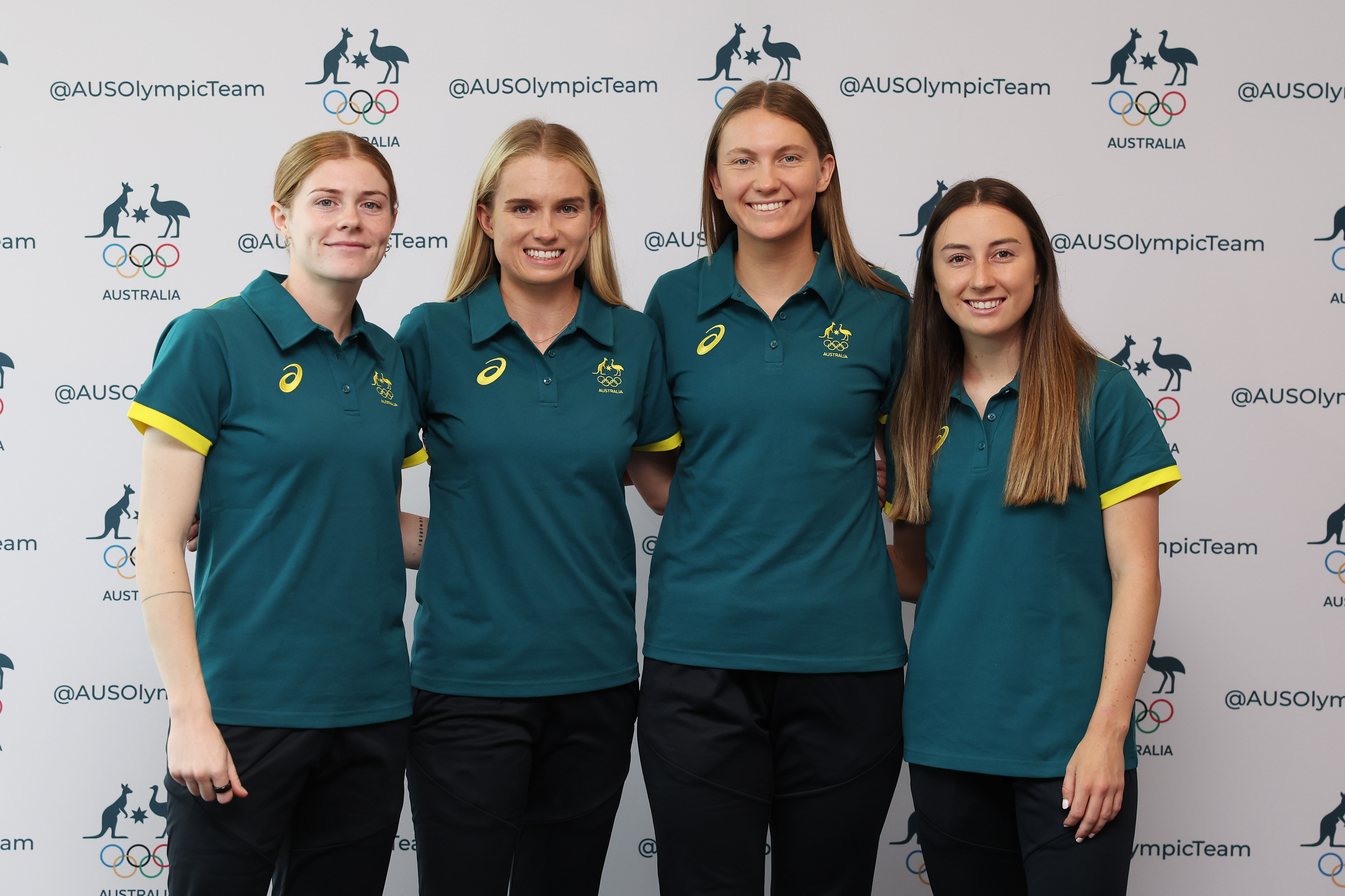 Matildas that will be attending their first Olympics (L-R) Cortnee Vine, Kaitlyn Torpey, Clare Hunt and Clare Wheeler of Australia pose during the Australian 2024 Paris Olympic Games Women's Football Squad Announcement at Sydney Olympic Park Sports Centre on June 04, 2024 in Sydney, Australia. (Photo by Matt King/Getty Images)