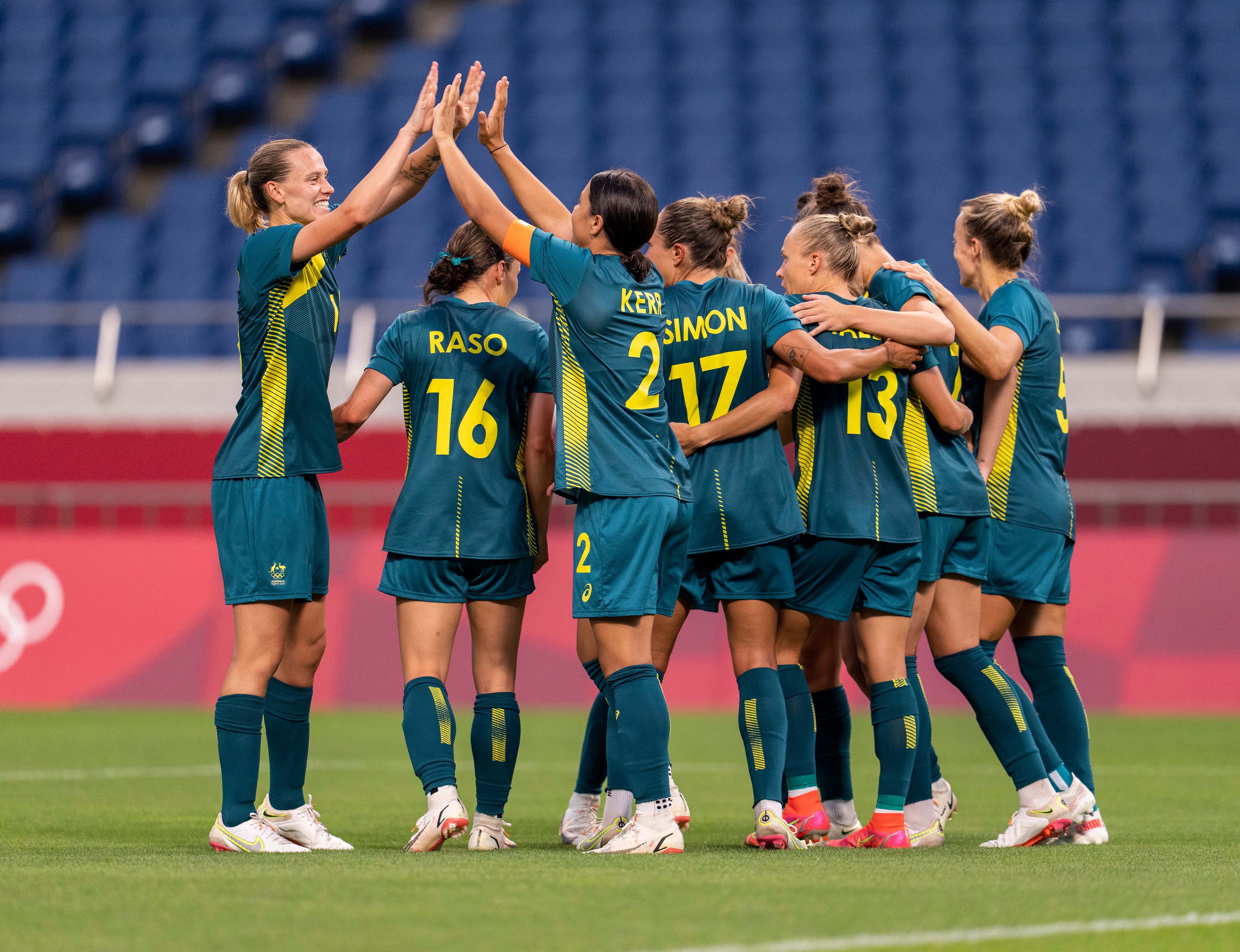 Emily van Egmond #10 celebrates with Sam Kerr #2 of Australia during a game between Australia and Sweden at Saitama Stadium on July 24, 2021 in Tokyo, Japan. (Photo by Brad Smith/ISI Photos/Getty Images)