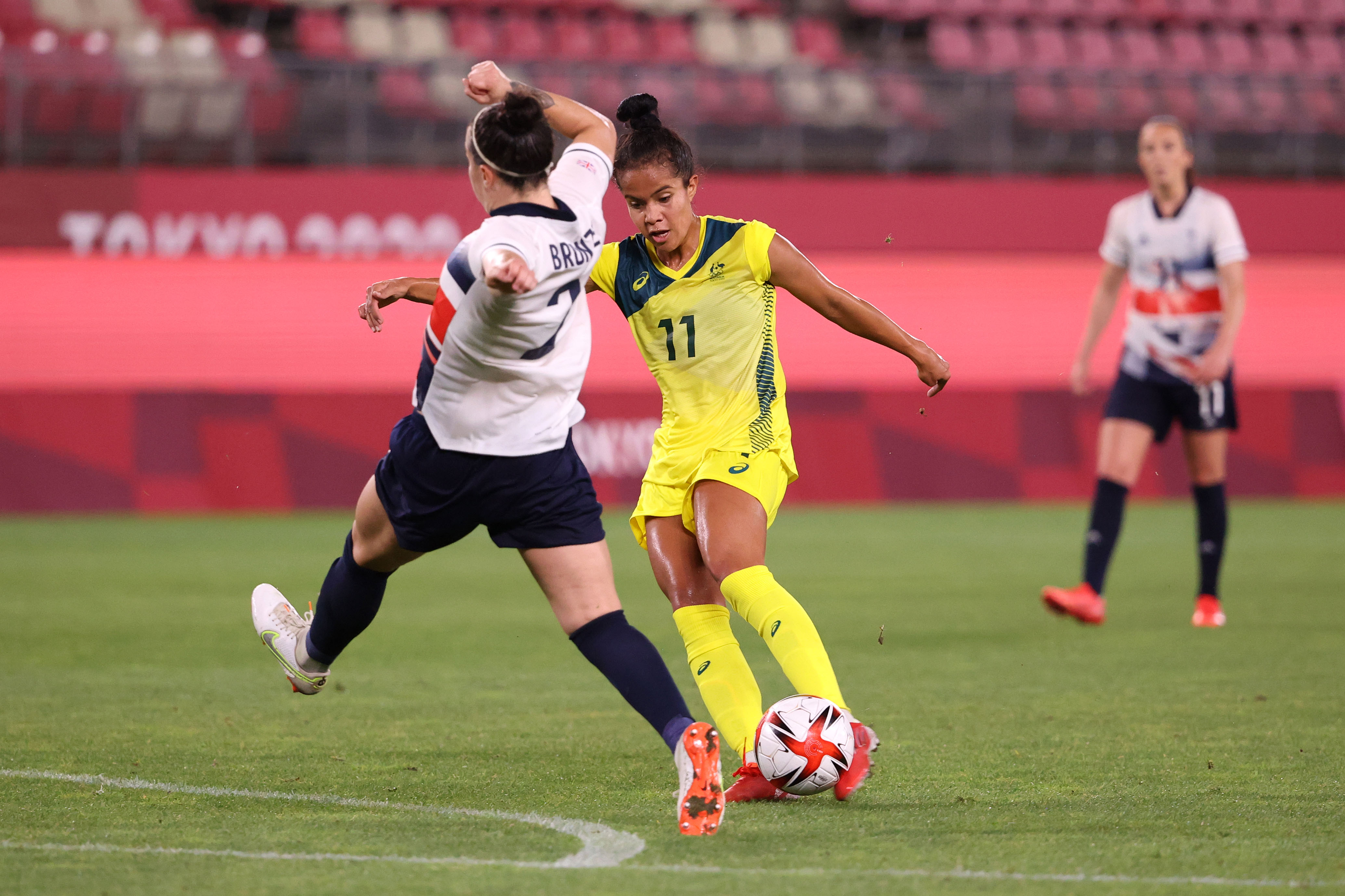Mary Fowler #11 of Team Australia scores their side's third goal during the Women's Quarter Final match between Great Britain and Australia on day seven of the Tokyo 2020 Olympic Games at Kashima Stadium on July 30, 2021 in Kashima, Ibaraki, Japan. (Photo by Atsushi Tomura/Getty Images)