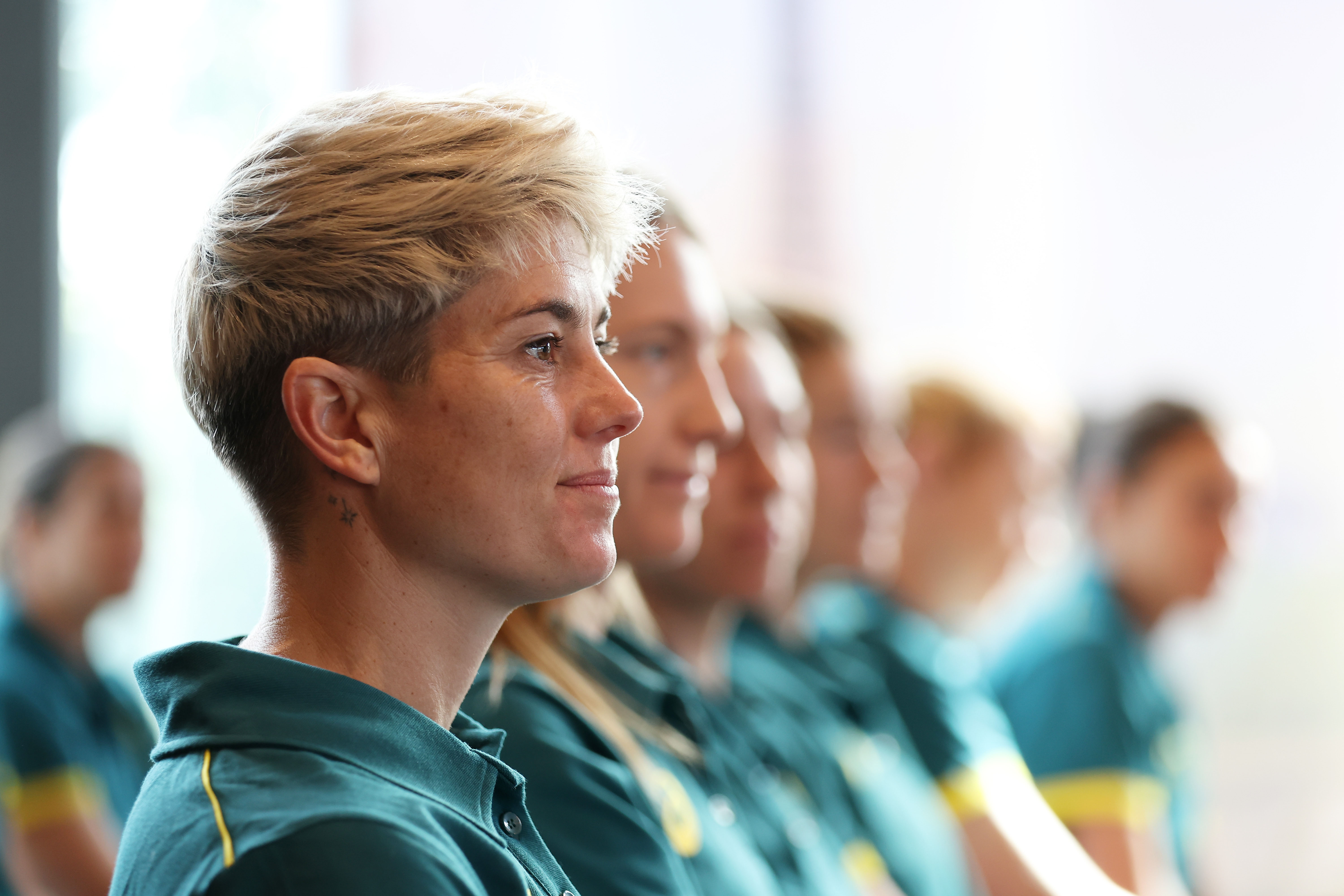Michelle Heyman looks on during the Australian 2024 Paris Olympic Games Women's Football Squad Announcement at Sydney Olympic Park Sports Centre on June 04, 2024 in Sydney, Australia. (Photo by Matt King/Getty Images)