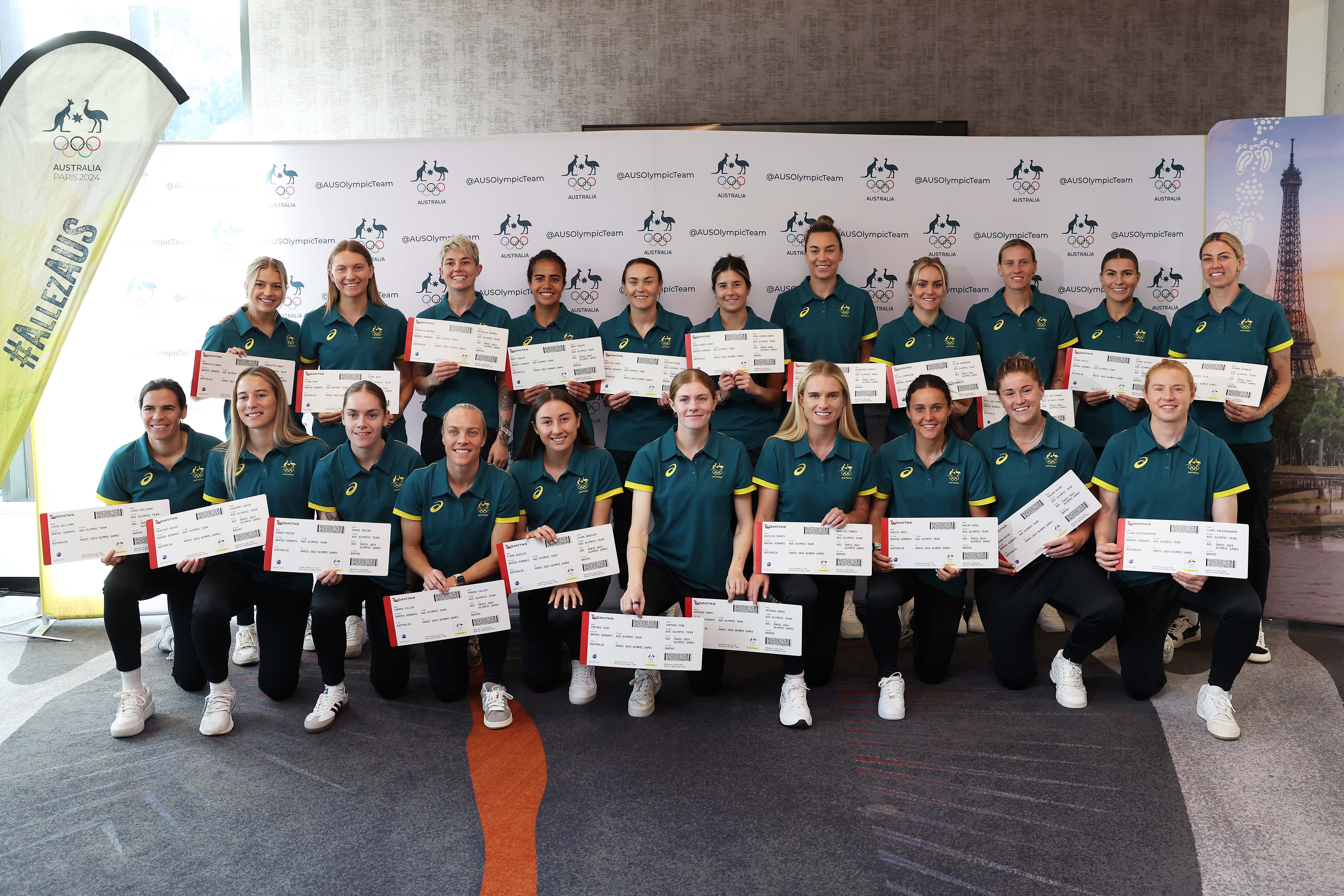 The Australian 2024 Paris Olympic Games Women's Football Squad poses during the Australian 2024 Paris Olympic Games Women's Football Squad Announcement at Sydney Olympic Park Sports Centre on June 04, 2024 in Sydney, Australia. (Photo by Matt King/Getty Images)