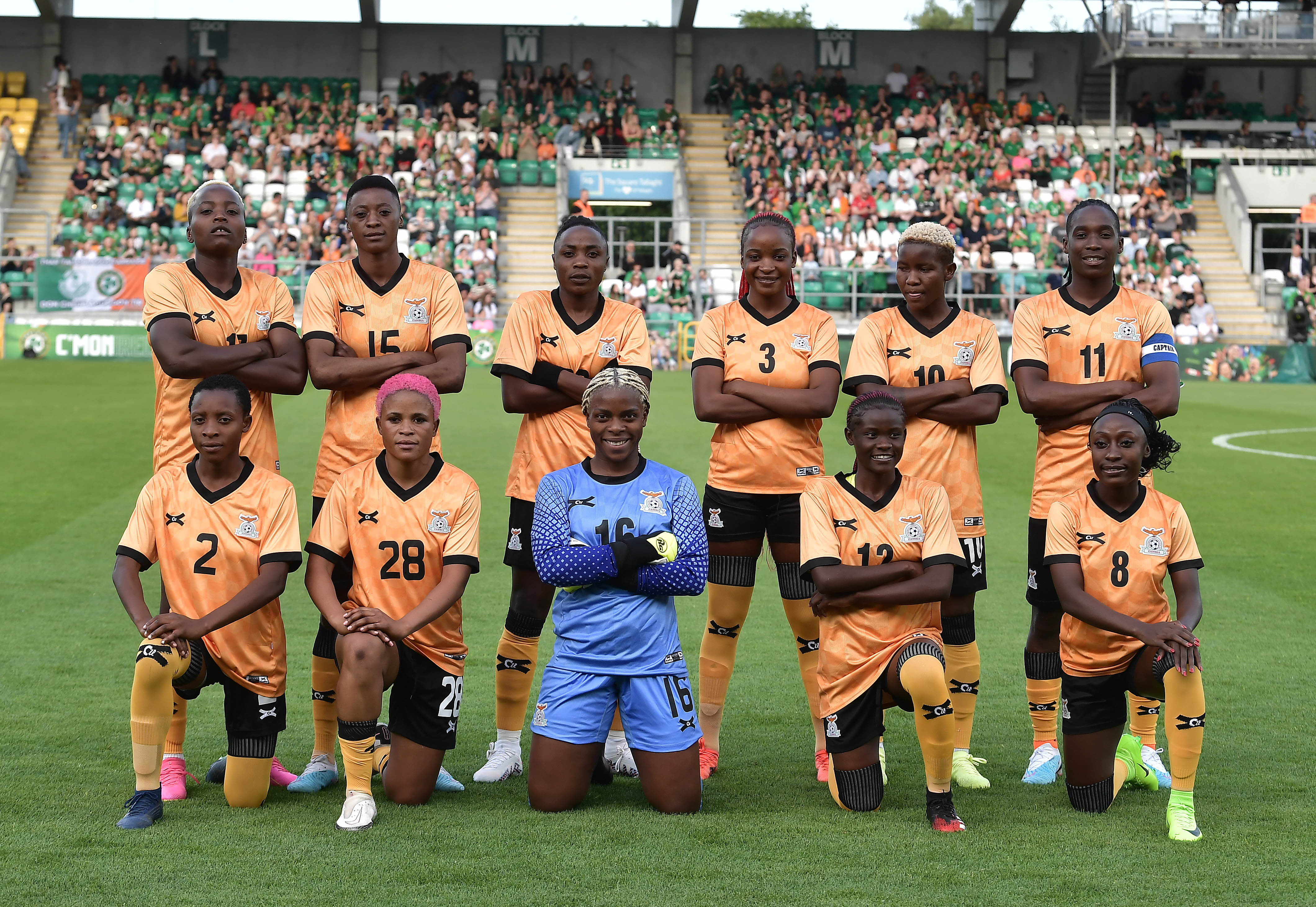 The starting Zambia XI pose for a team photograph before the women's international football friendly game between Republic of Ireland and Zambia at Tallaght Stadium on June 22, 2023 in Tallaght, Ireland. (Photo by Charles McQuillan/Getty Images)