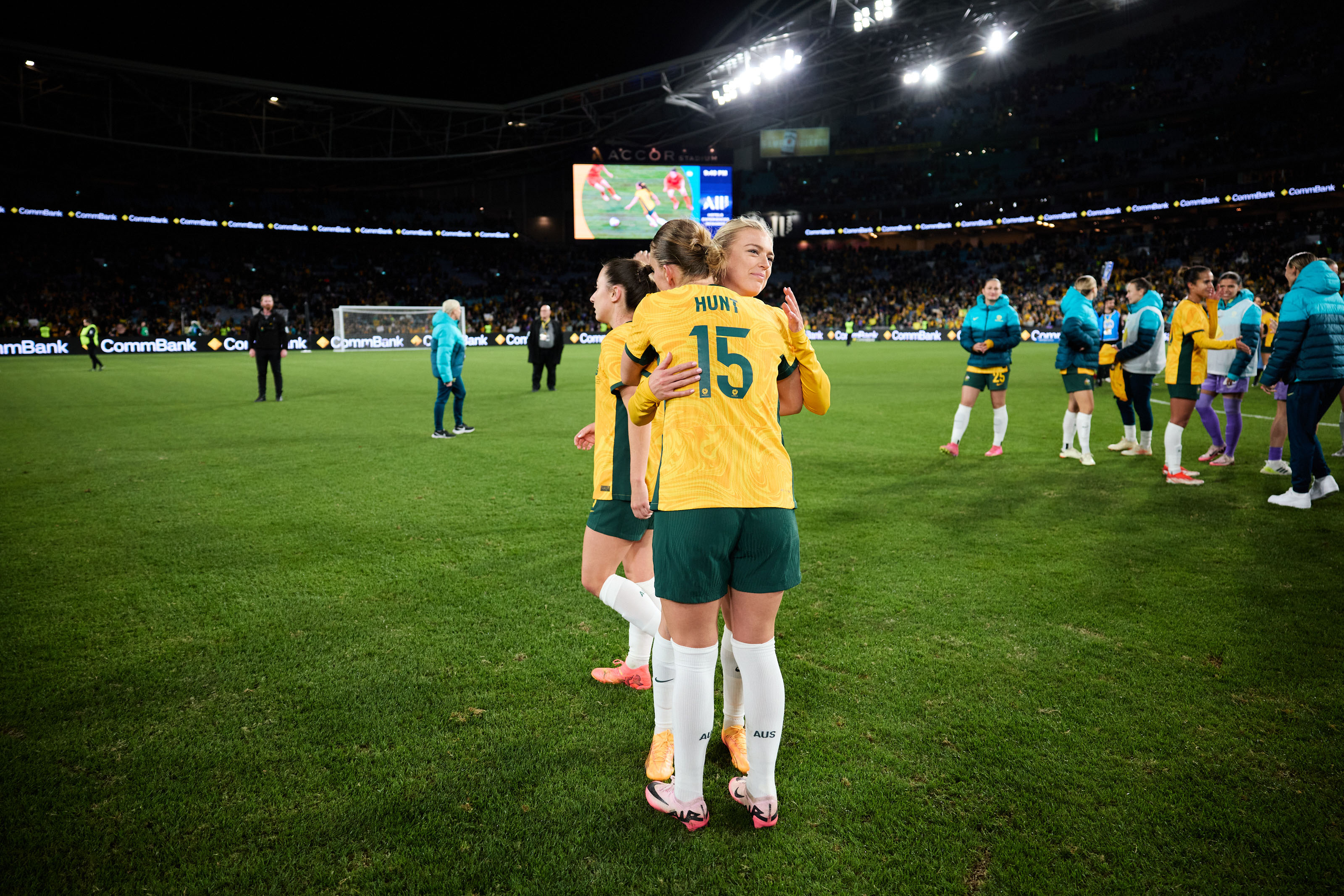 Clare Hunt and Charli Grant following Australia's game against China PR at Accor Stadium, Sydney. (Photo: Rachel Bach/By The White Line)