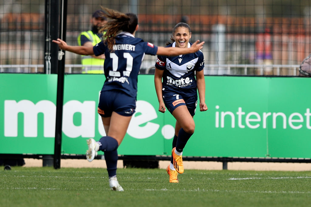 Ella O’Grady of the Victory celebrates a goal with teammates during the A-League Women round four match between Melbourne Victory and Newcastle Jets at La Trobe University Sports Fields, on November 12, 2023, in Melbourne, Australia. (Photo by Martin Keep/Getty Images)