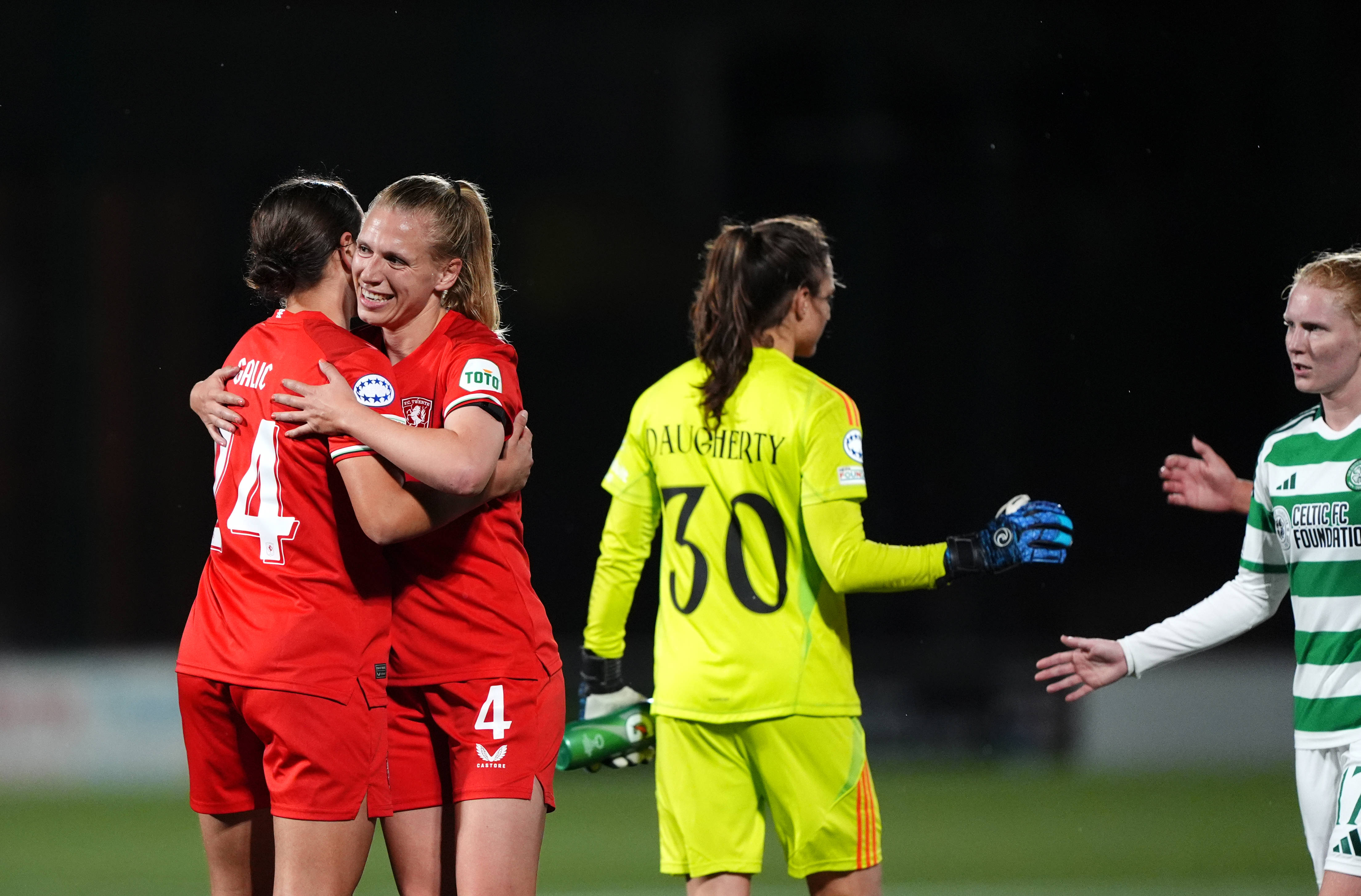 FC Twente s Daniela Galic and Lieske Carleer celebrate following the UEFA Women s Champions League, group stage match at New Douglas Park, Hamilton
