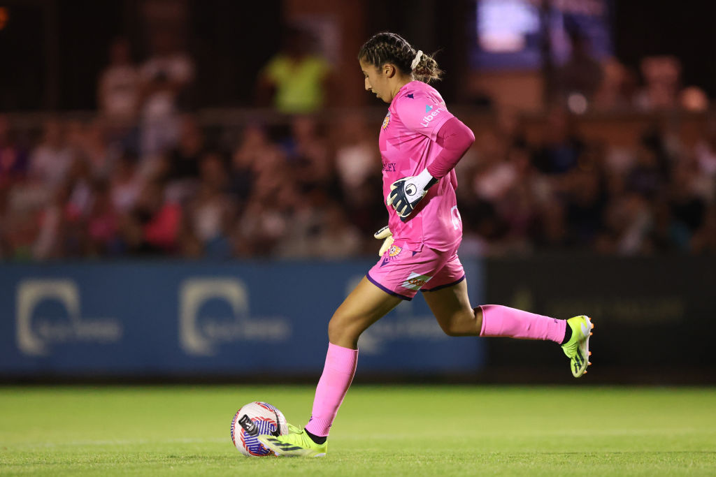 Morgan Aquino of Perth Glory passes the ball during the A-League Women round 17 match between Perth Glory and Central Coast Mariners at Macedonia Park, on February 18, 2024, in Perth, Australia. (Photo by Janelle St Pierre/Getty Images)