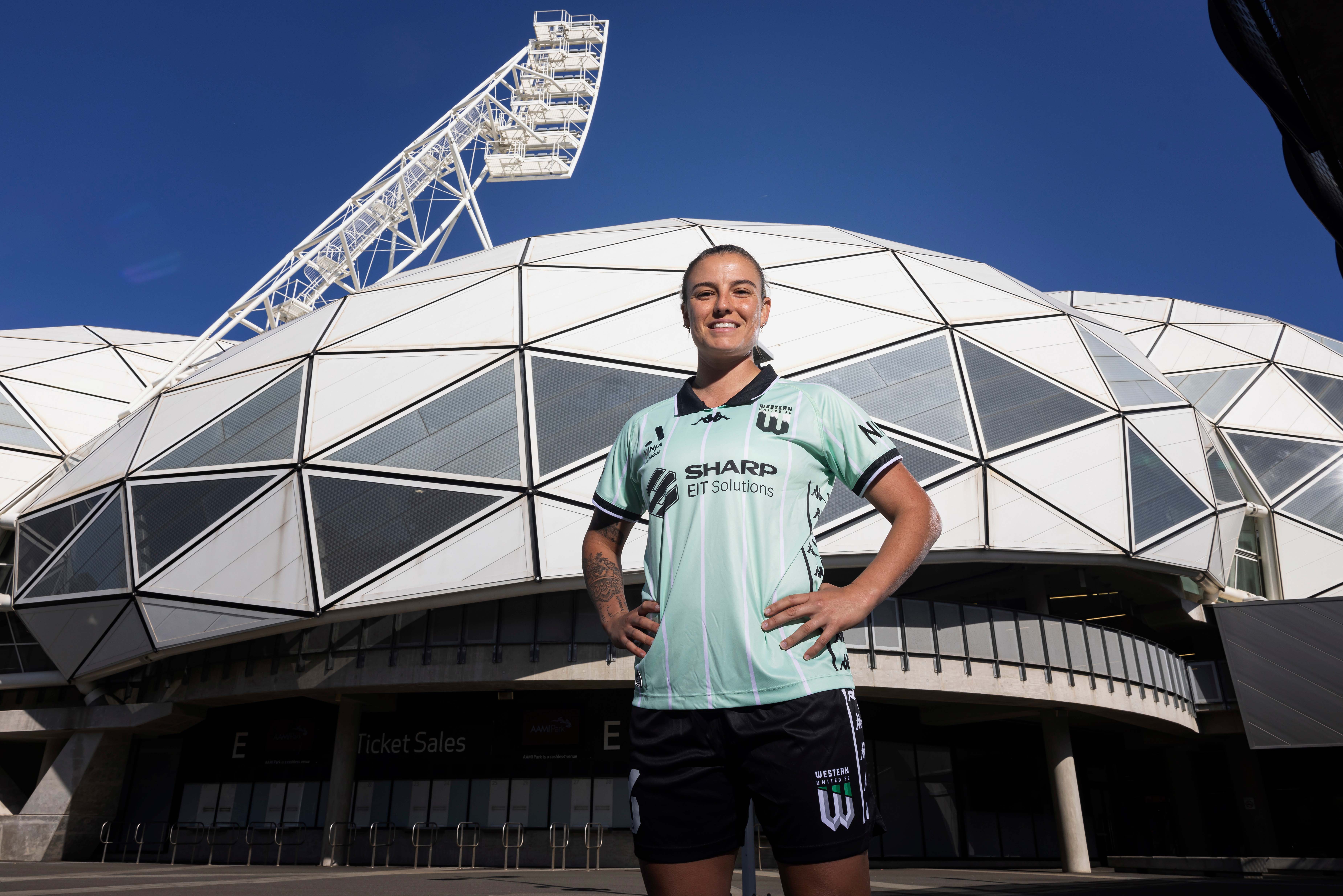 Chloe Logarzo of Western United poses for a photograph during the Melbourne Victory, Melbourne City & Western United 2024-25 A-League Season Launch Media Event at AAMI Park on October 10, 2024 in Melbourne, Australia. (Photo by Daniel Pockett/Getty Images)