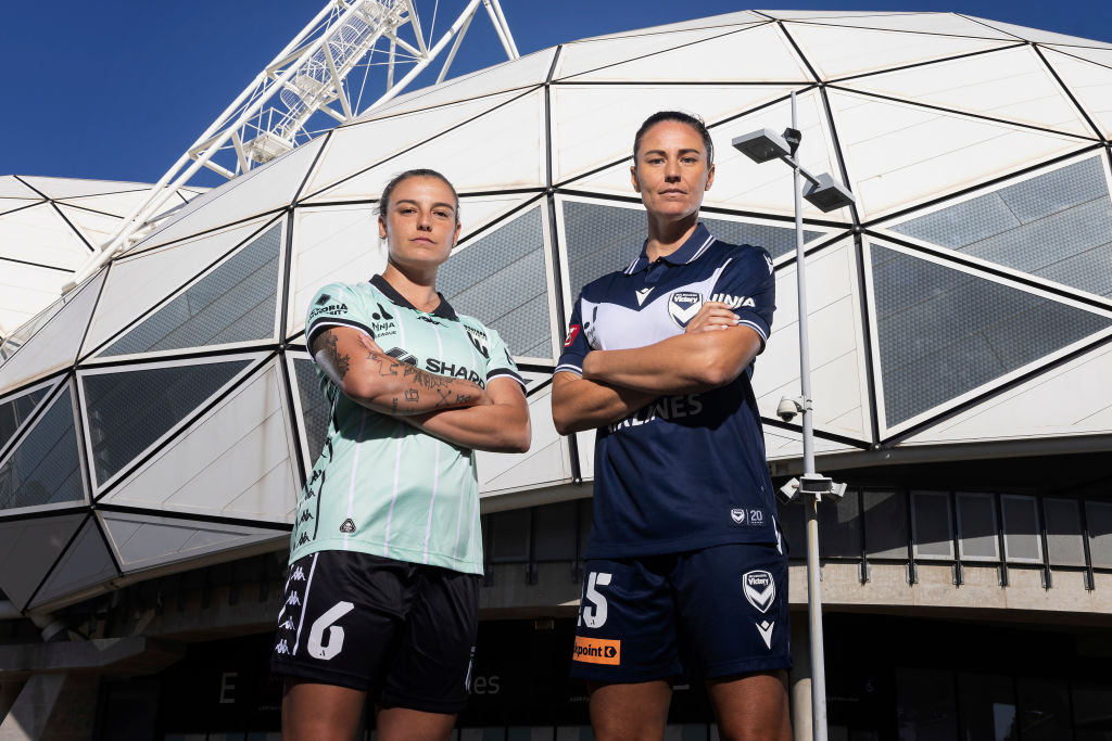 Chloe Logarzo of Western United and Emily Gielnik of Melbourne Victory pose for a photograph during the Melbourne Victory, Melbourne City & Western United 2024-25 A-League Season Launch Media Event at AAMI Park on October 10, 2024 in Melbourne, Australia. (Photo by Daniel Pockett/Getty Images)