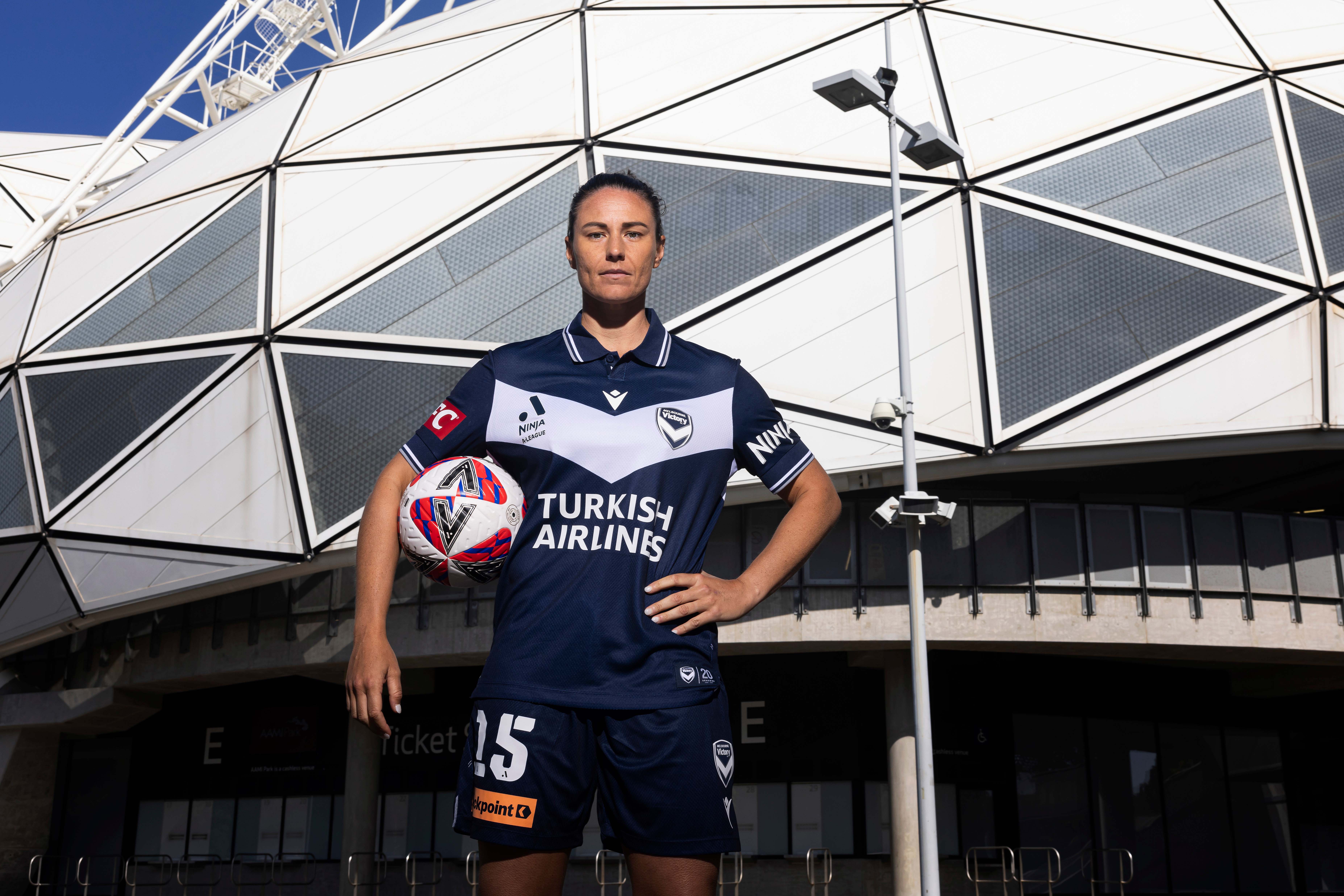 Emily Gielnik of Melbourne Victory poses for a photograph during the Melbourne Victory, Melbourne City & Western United 2024-25 A-League Season Launch Media Event at AAMI Park on October 10, 2024 in Melbourne, Australia. (Photo by Daniel Pockett/Getty Images)