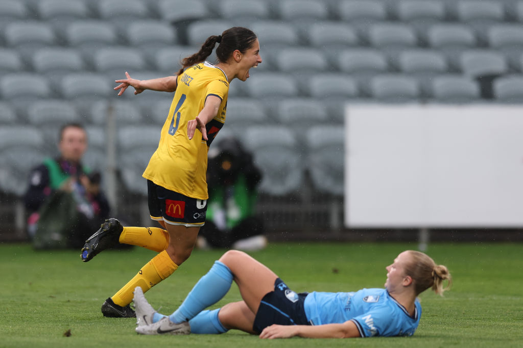 Isabel Gomez of the Mariners celebrates a goal during the round one A-League Womens match between Central Coast Mariners and Sydney FC at Industree Group Stadium on November 02, 2024 in Gosford, Australia. (Photo by Scott Gardiner/Getty Images)