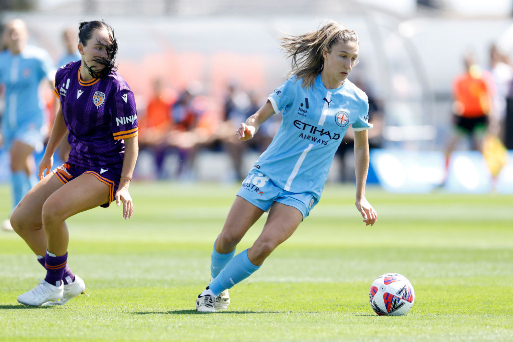 Leah Davidson of Melbourne City in action during the round one A-League Women's match between Melbourne City and Perth Glory at City Football Academy on November 03, 2024 in Melbourne, Australia. (Photo by Daniel Pockett/Getty Images)