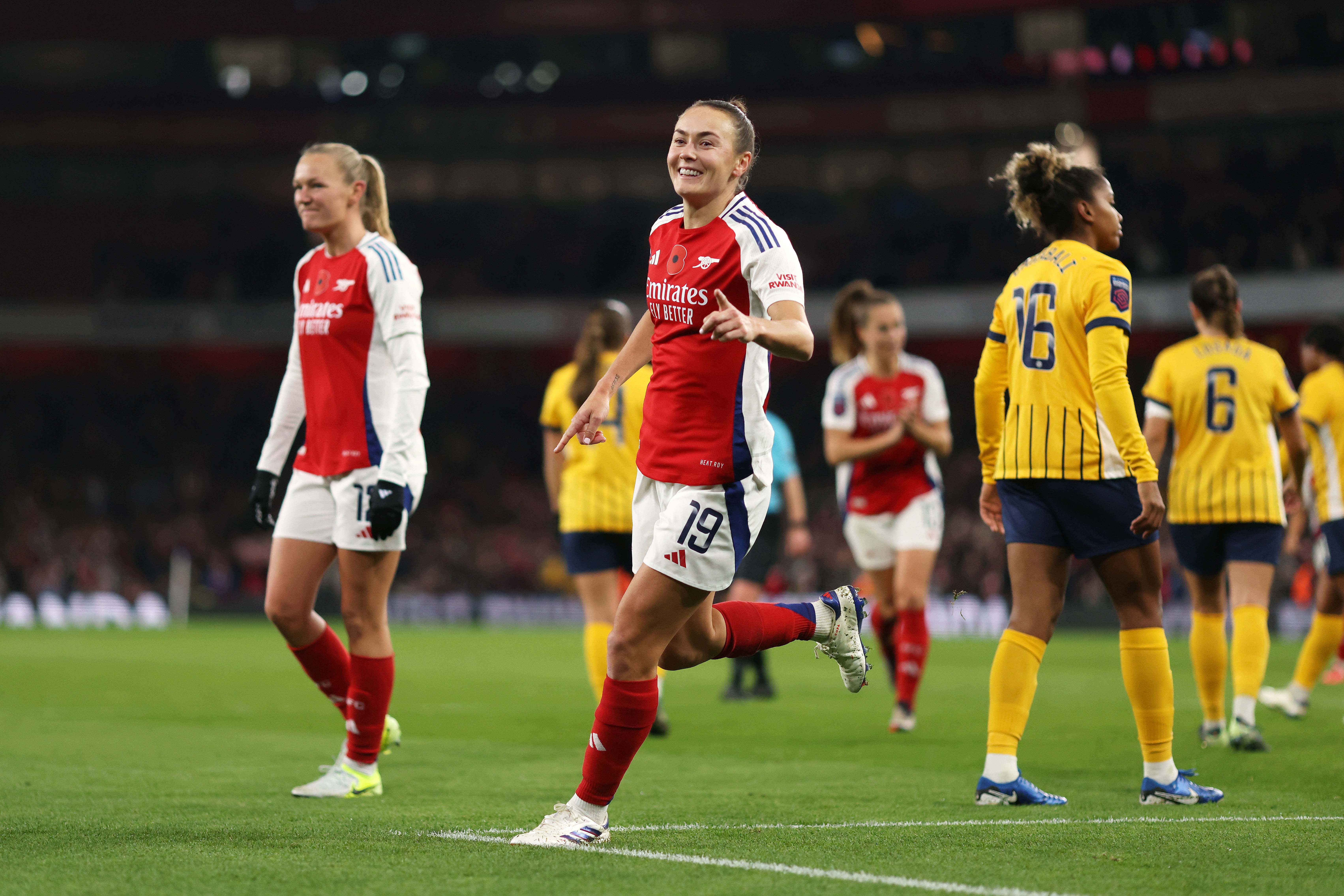 Caitlin Foord of Arsenal celebrates scoring her team's second goal during the Barclays Women's Super League match between Arsenal and Brighton & Hove Albion at Emirates Stadium on November 08, 2024 in London, England. (Photo by Paul Harding/Getty Images)