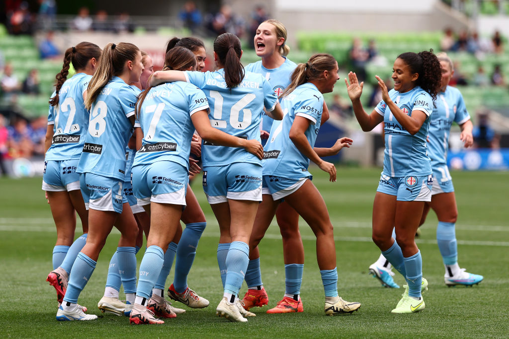 City players celebrate a goal from Mariana Speckmaier of Melbourne City during the round two A-League Women's match between Melbourne Victory and Melbourne City at AAMI Park on November 09, 2024 in Melbourne, Australia. (Photo by Morgan Hancock/Getty Images)