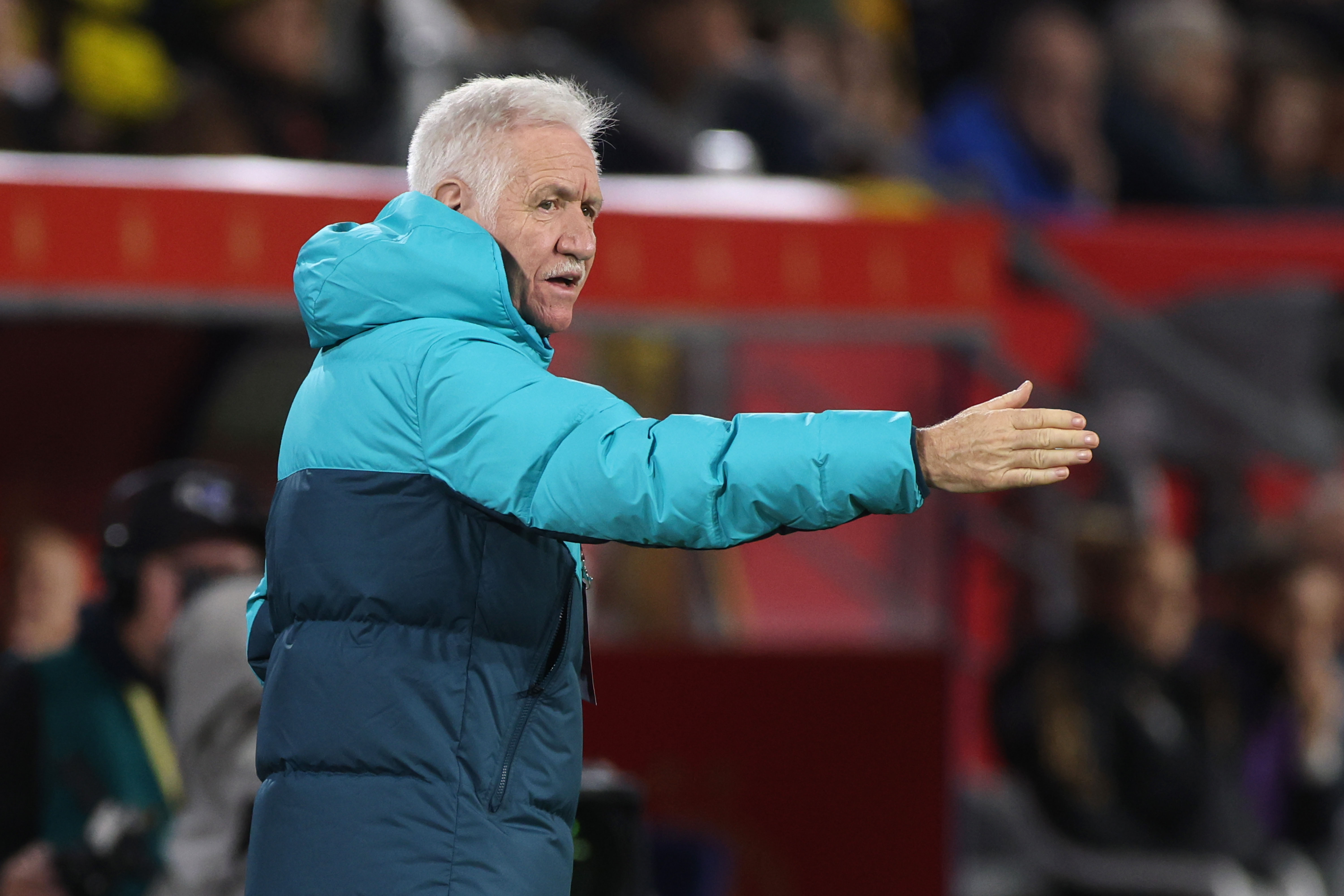 Head coach Tom Sermanni of Australia reacts during the Women's international friendly match between Germany and Australia at Schauinsland-Reisen-Arena on October 28, 2024 in Duisburg, Germany. (Photo by Alex Grimm/Gett