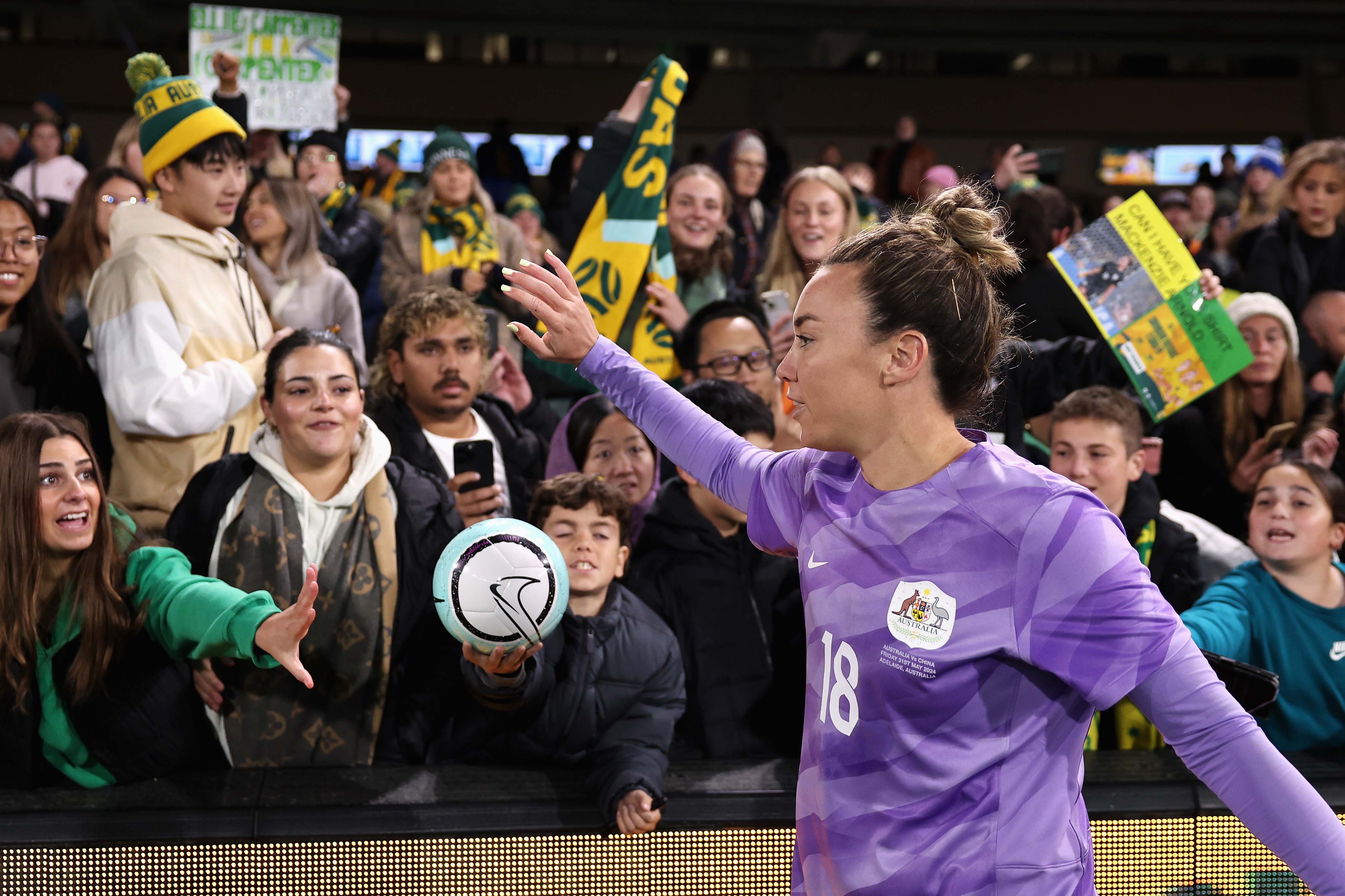 Mackenzie Arnold of Australia thanks fans following the international friendly match between Australia Matildas and China PR at Adelaide Oval on May 31, 2024 in Adelaide, Australia. (Photo by Cameron Spencer/Getty Images)