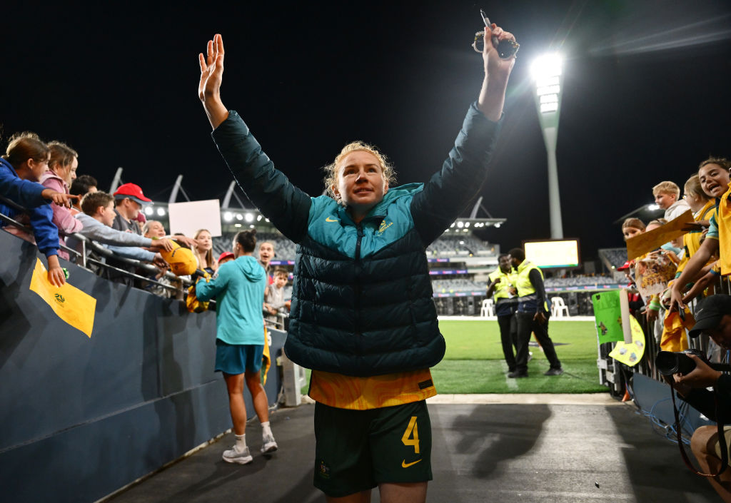 Clare Polkinghorne of Australia acknowledges the crowd after player her final match for the Matildas during the International Friendly Match between the Australia Matildas and Chinese Taipei at GMHBA Stadium on December 07, 2024 in Geelong, Australia. (Photo by Quinn Rooney/Getty Images)