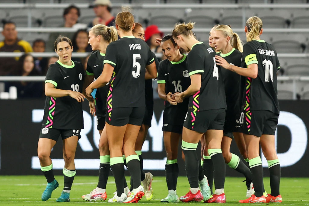 SAN DIEGO, CALIFORNIA - FEBRUARY 26: Hayley Raso #16 of Australia celebrates scoring her teams first goal during the second half of the 2025 SheBelieves Cup match between Australia and Colombia at Snapdragon Stadium on February 26, 2025 in San Diego, California. (Photo by Joe Scarnici/Getty Images)