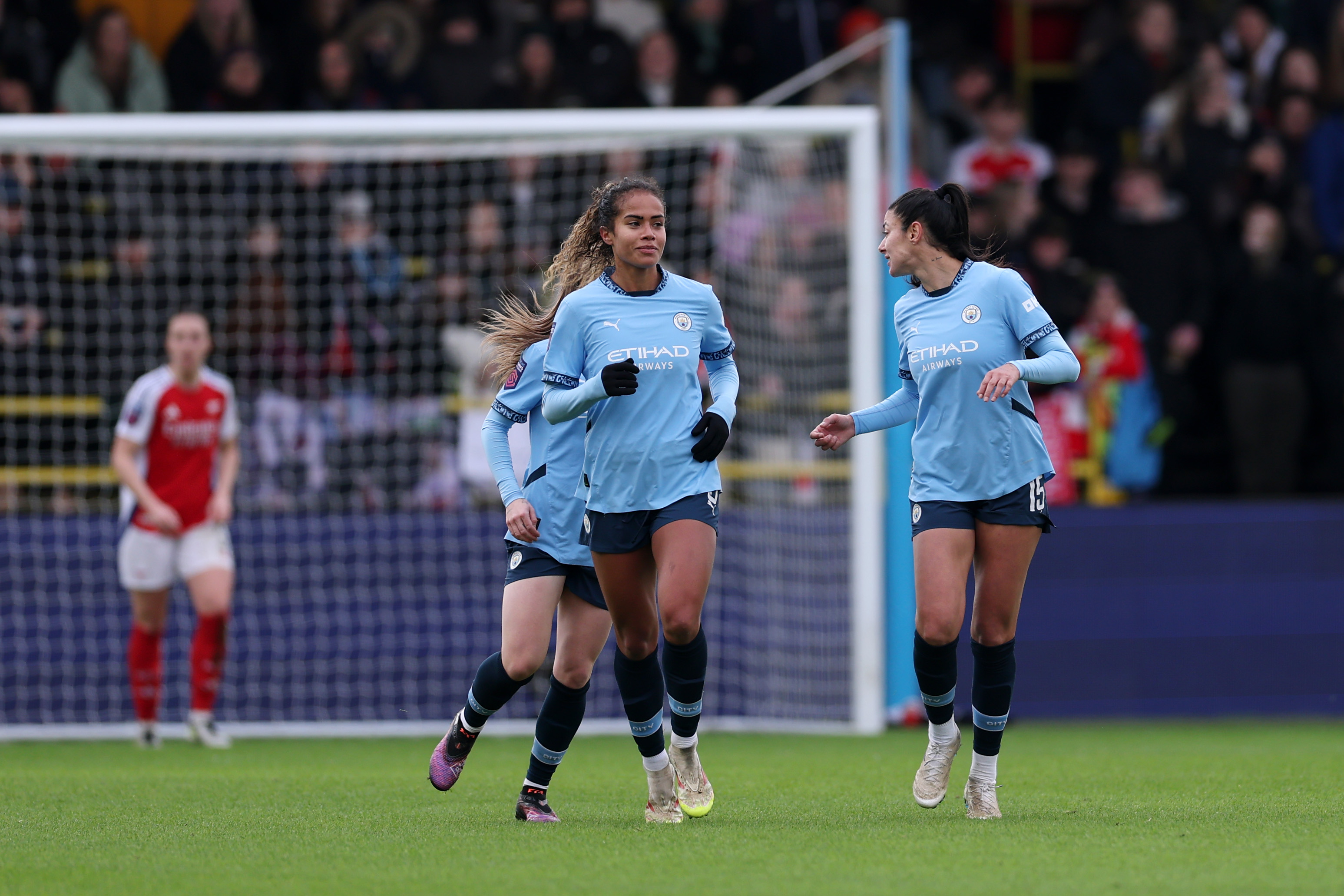 Mary Fowler of Manchester City celebrates scoring her team's first goal during the Barclays Women's Super League match between Manchester City and Arsenal FC at Joie Stadium on February 02, 2025 in Manchester, England. (Photo by Naomi Baker/Getty Images)